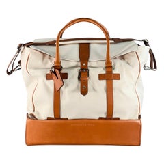 BRUNELLO CUCINELLI Brown Cream Canvas Leather Oversized Weekender Bag