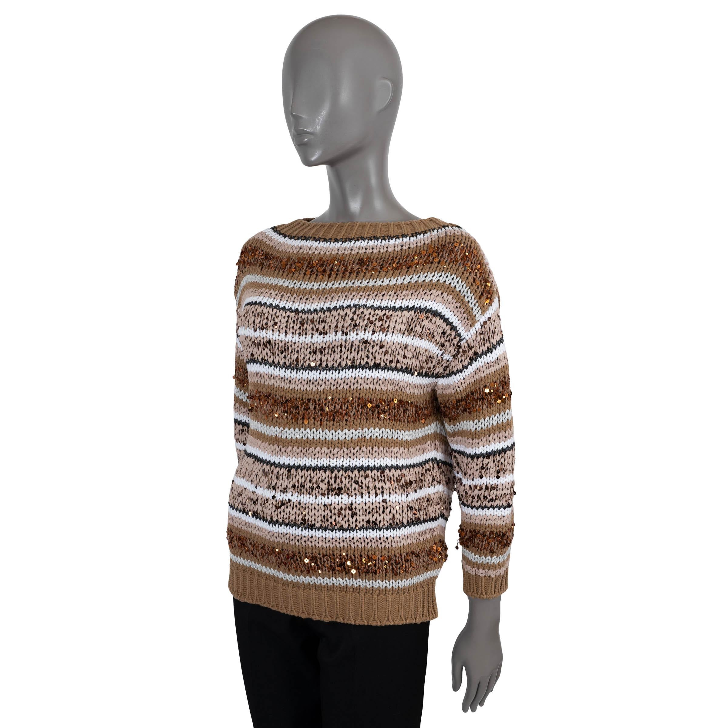 100% authentic Brunello Cucinelli striped sweater in brown, nude, cream and black cotton (76%) and polyamide (24%). Features bronze sequins, a boatneck, and rib-knit trims. Unlined. Has been worn and is in excellent condition.

2019
