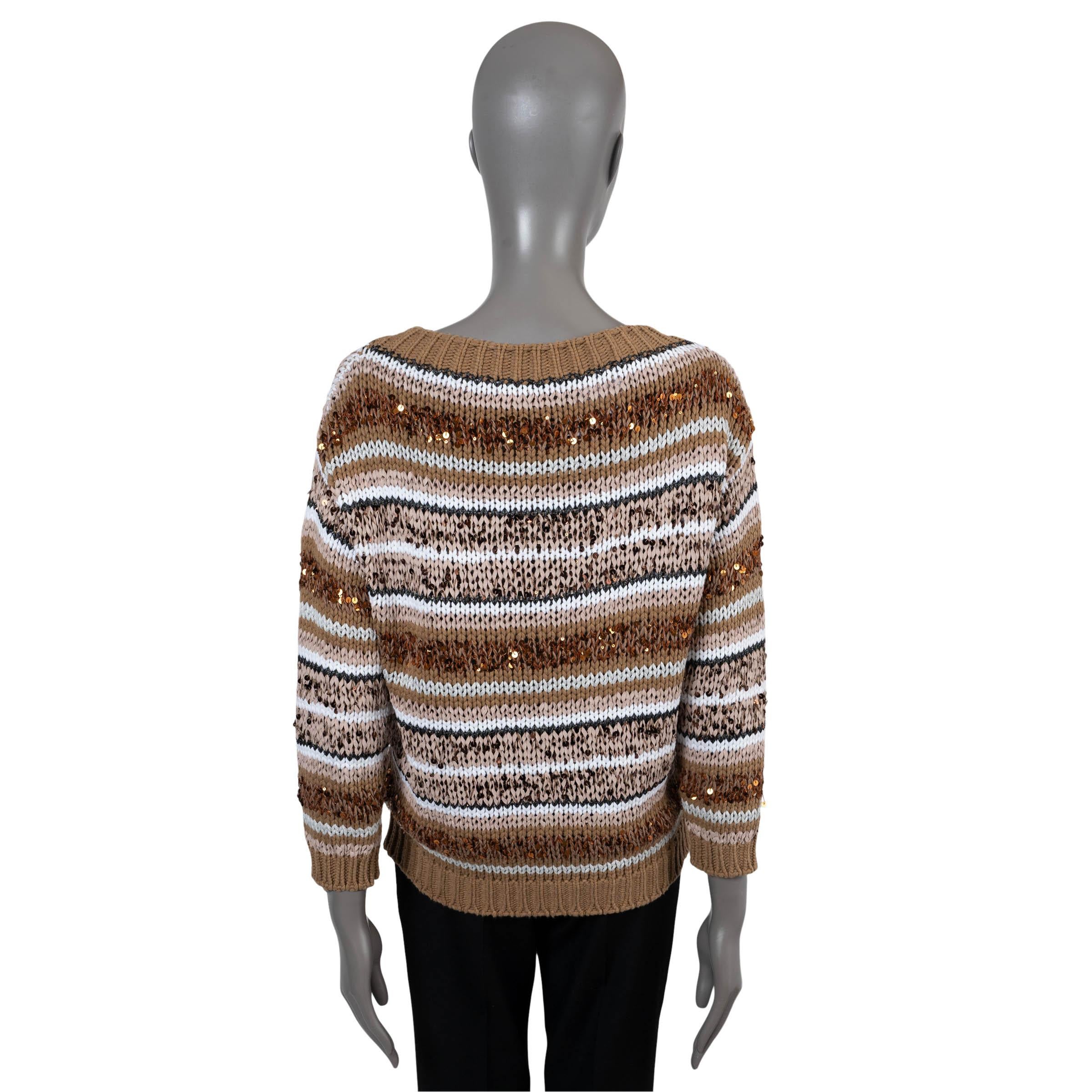 White BRUNELLO CUCINELLI brown cream cotton 2019 SEQUIN STRIPED Sweater S For Sale