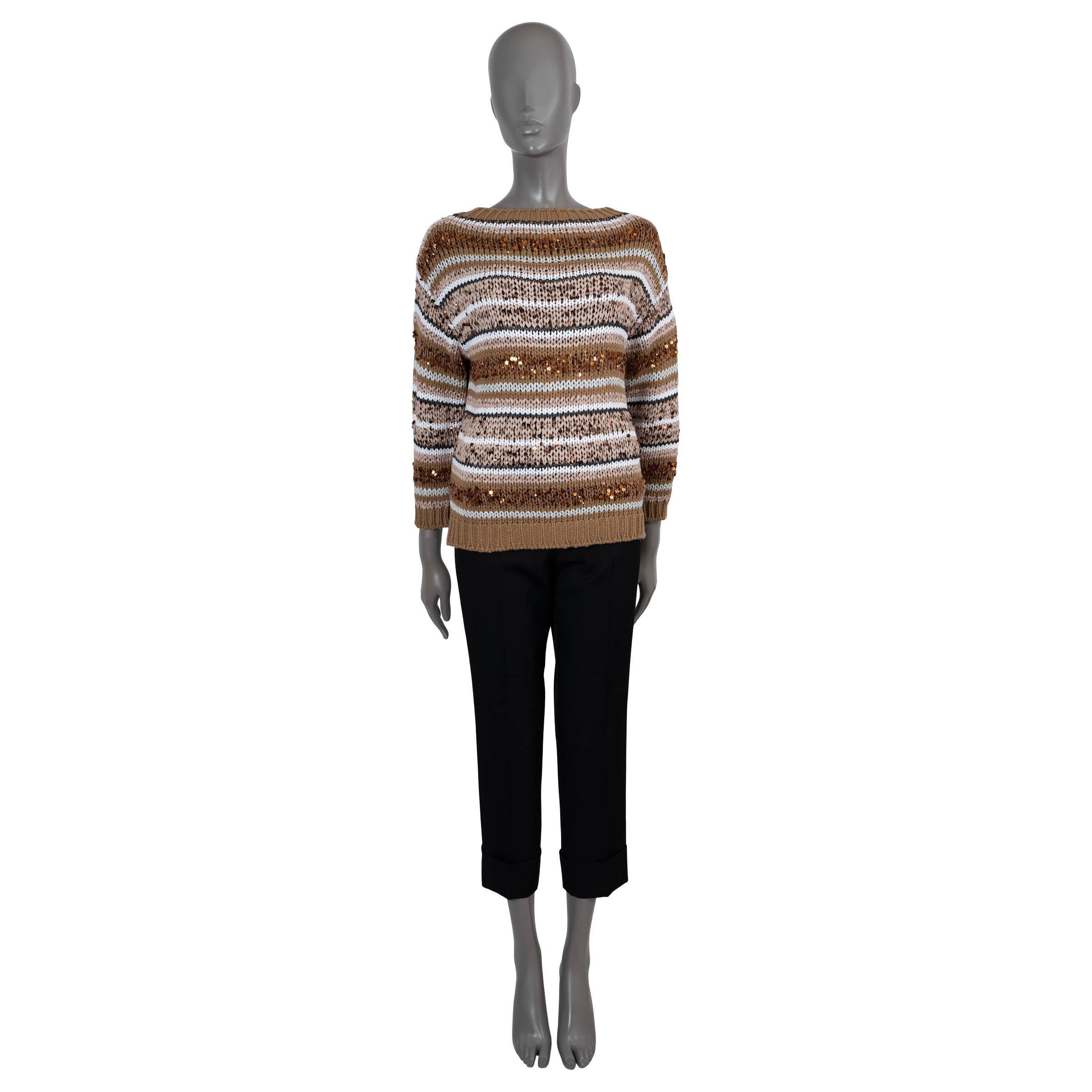 BRUNELLO CUCINELLI brown cream cotton 2019 SEQUIN STRIPED Sweater S In Excellent Condition For Sale In Zürich, CH