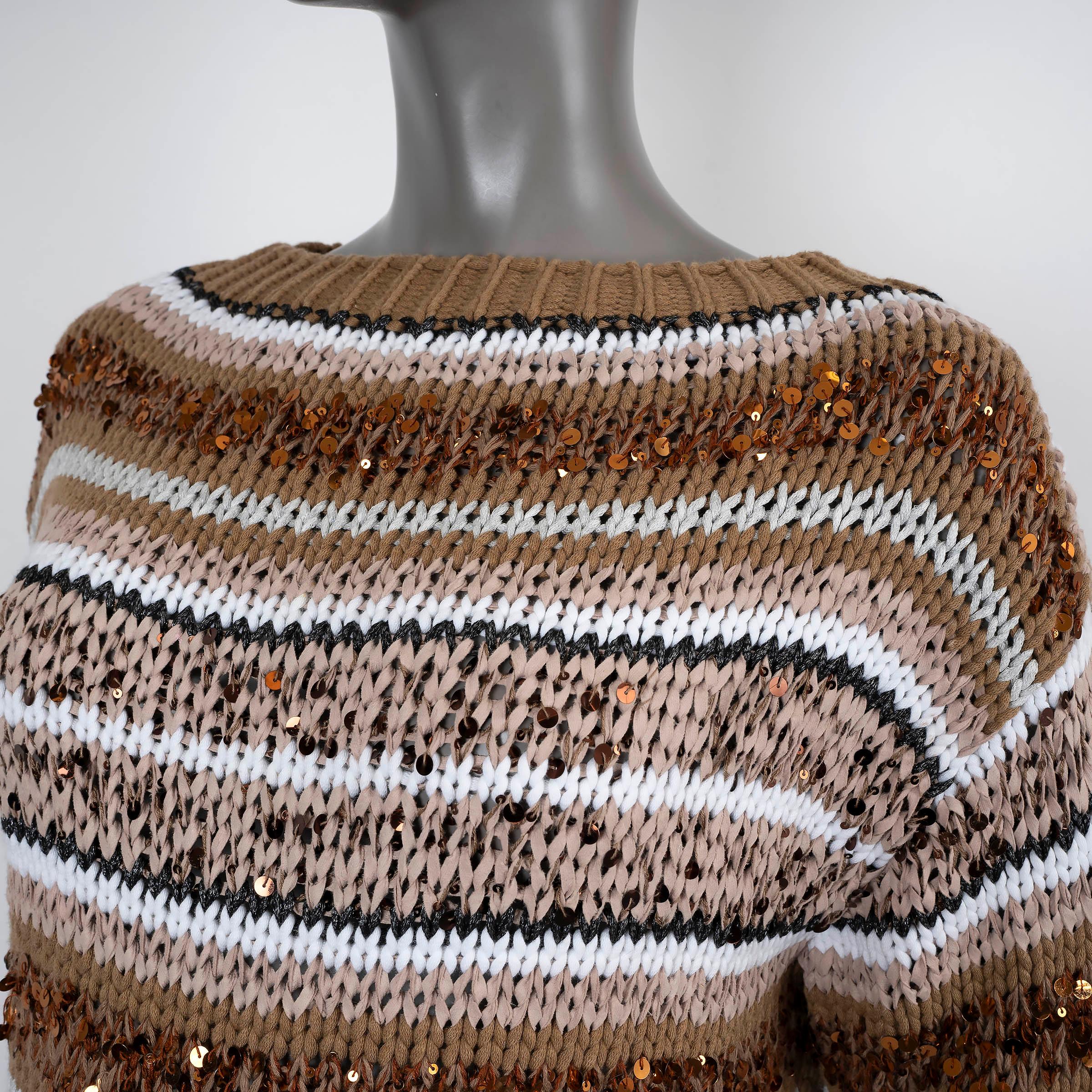 Women's BRUNELLO CUCINELLI brown cream cotton 2019 SEQUIN STRIPED Sweater S For Sale