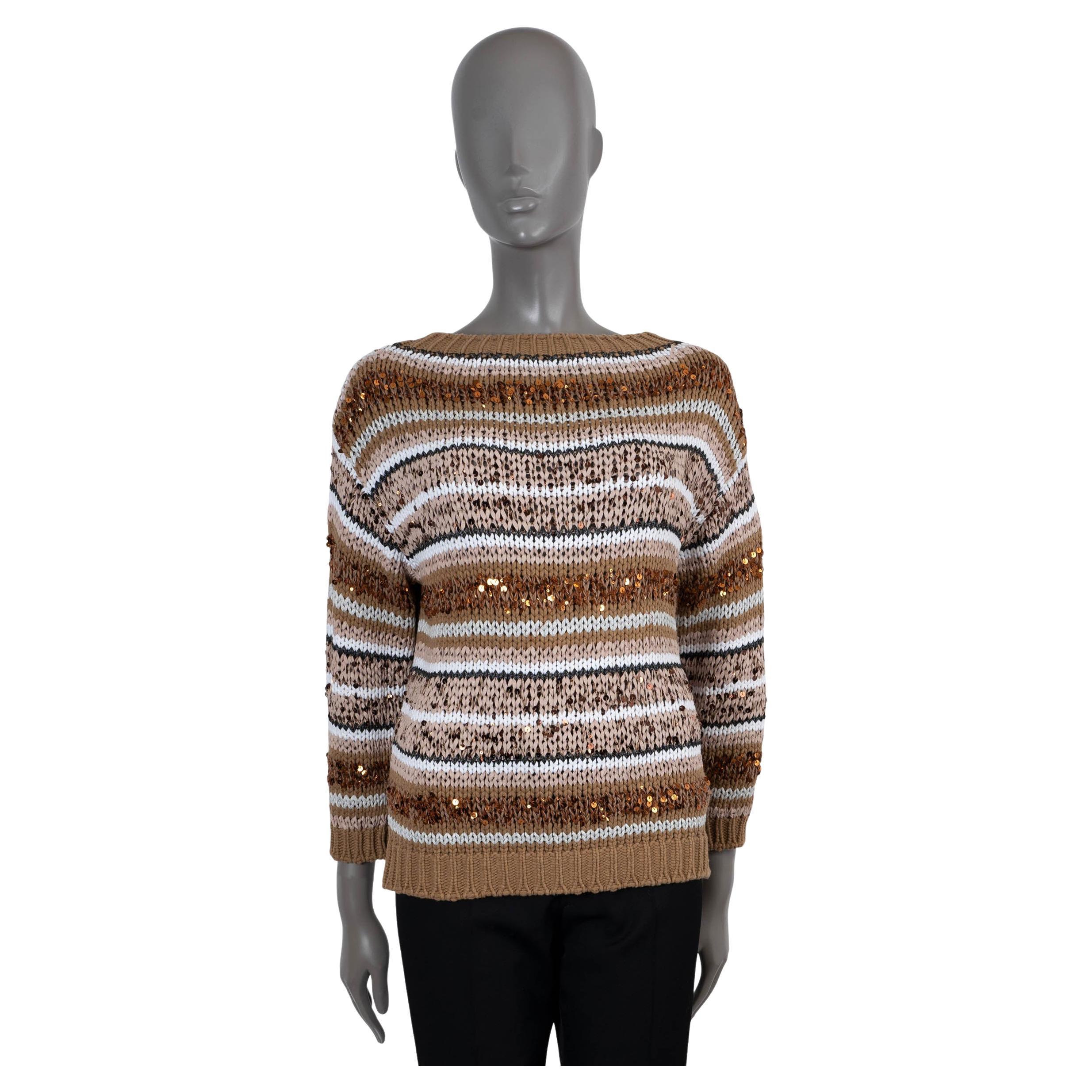 Brunello Cucinelli Brown cream cotton 2019 SEQUIN STRIPED Sweater S