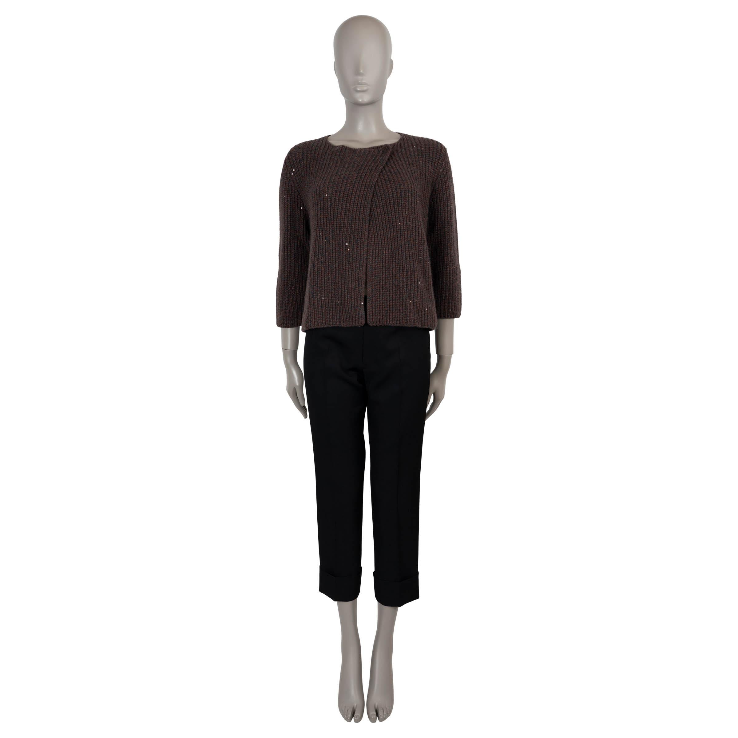 BRUNELLO CUCINELLI cárdigan de seda de cachemira marrón gris MICRO SEQUIN Suéter S en Excelente estado para la venta en Zürich, CH