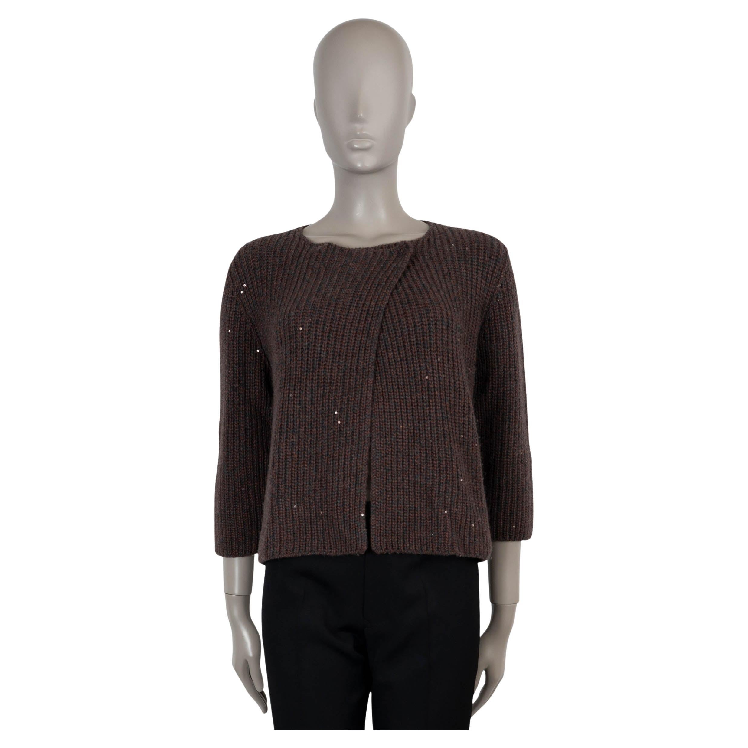 BRUNELLO CUCINELLI brown grey cashmere silk MICRO SEQUIN Cardigan Sweater S