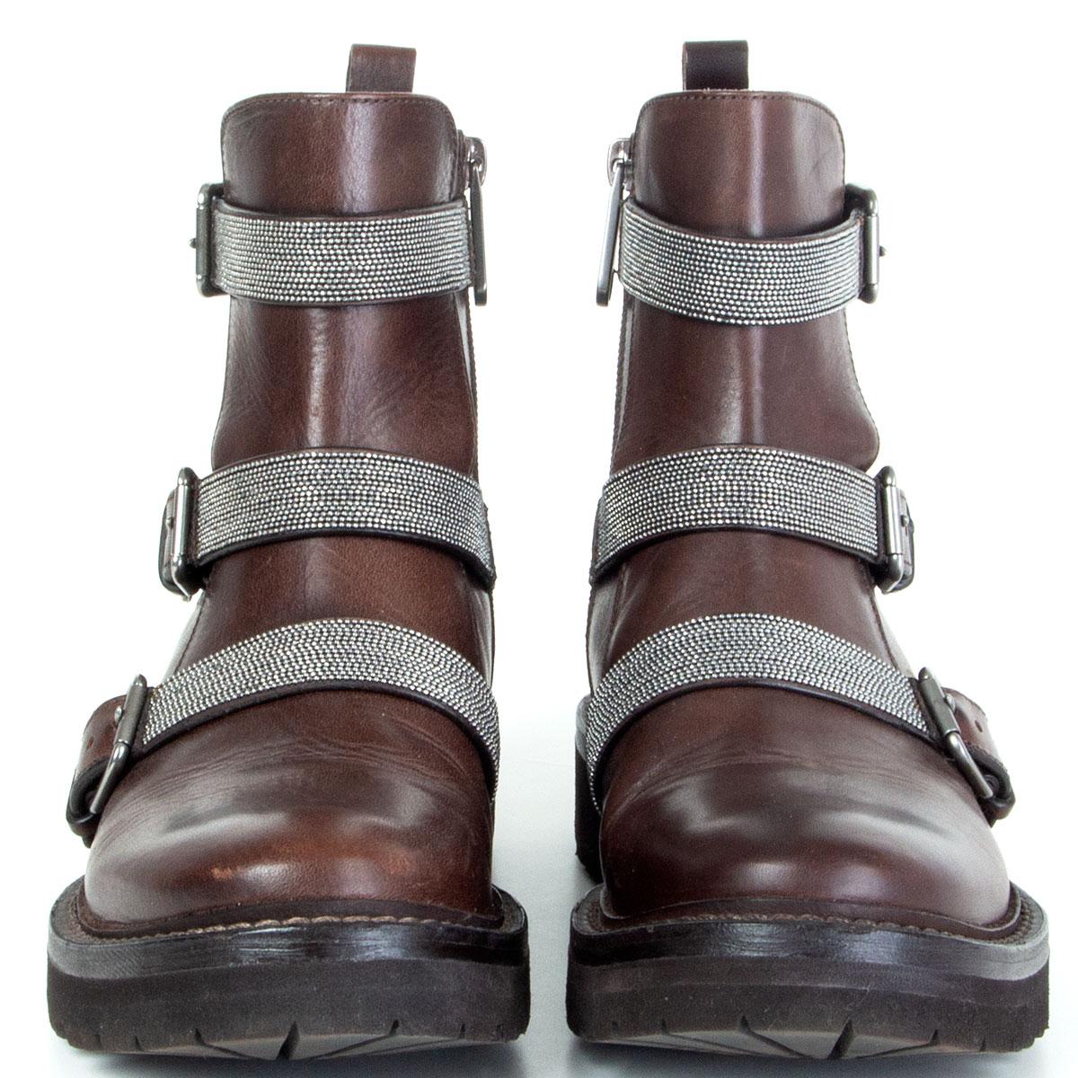 authentic Brunello Cucinelli Monili Triple Strap Moto boots in brown calfskin with metallic beaded buckles. Openw ith a zipper on the inside. Vibram rubber sole. Have been worn and are in excellent condition. 

Imprinted Size 37
Shoe Size 37
Inside