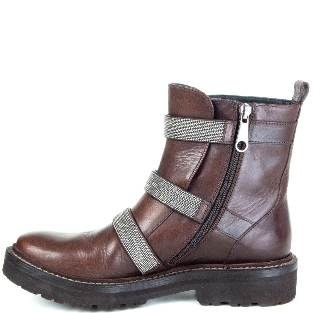 Black BRUNELLO CUCINELLI brown leather MONILI TRIPLE STRAP MOTO Boots Shoes 37