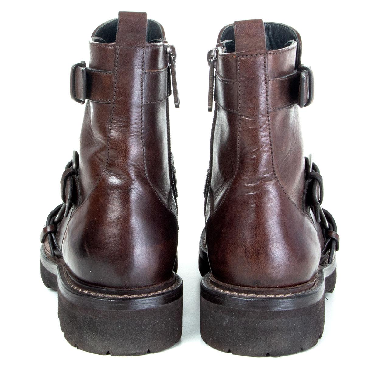 BRUNELLO CUCINELLI brown leather MONILI TRIPLE STRAP MOTO Boots Shoes 37 In Excellent Condition In Zürich, CH