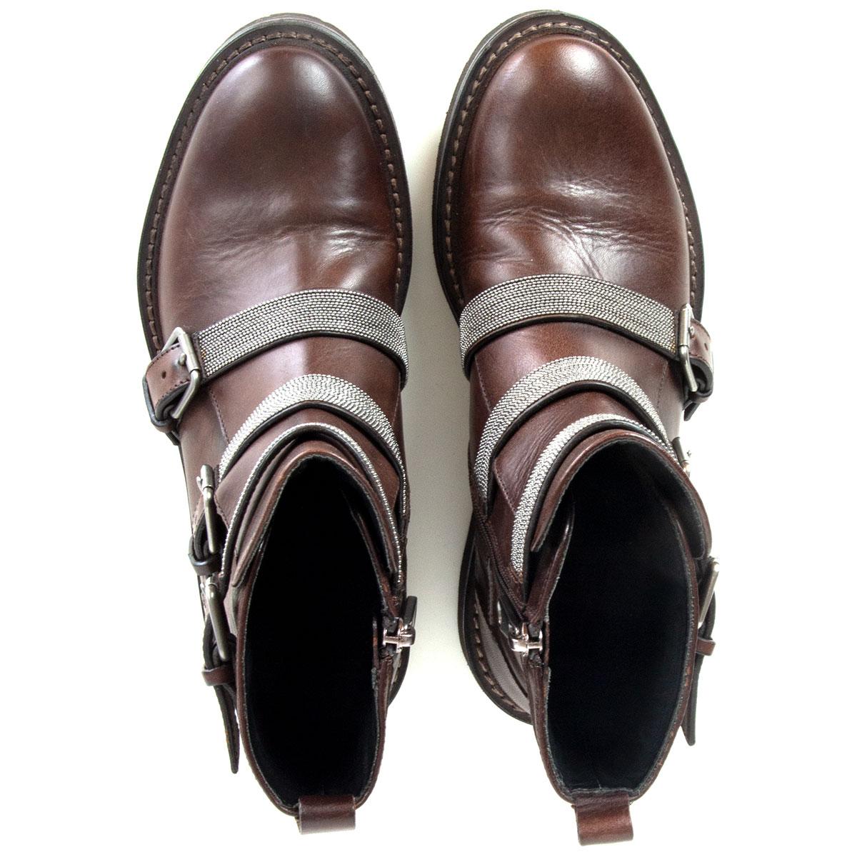 Women's BRUNELLO CUCINELLI brown leather MONILI TRIPLE STRAP MOTO Boots Shoes 37