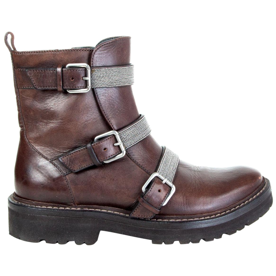 BRUNELLO CUCINELLI brown leather MONILI TRIPLE STRAP MOTO Boots Shoes 37 at  1stDibs