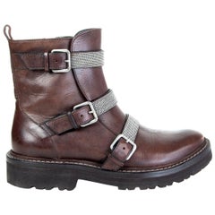 BRUNELLO CUCINELLI brown leather MONILI TRIPLE STRAP MOTO Boots Shoes 37