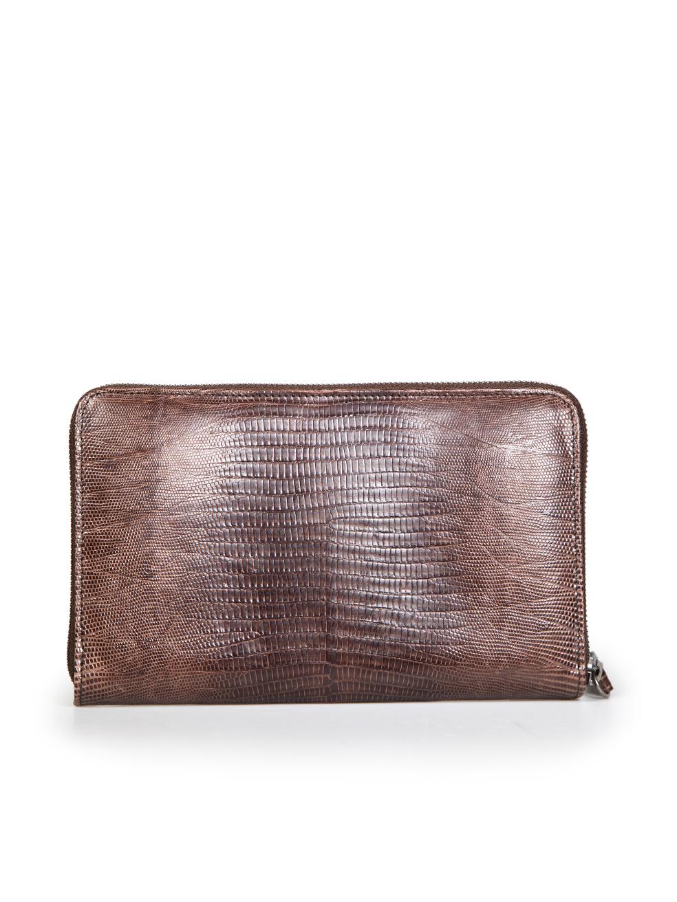 Brunello Cucinelli Brown Lizard Leather Zip Clutch Bag In Excellent Condition For Sale In London, GB
