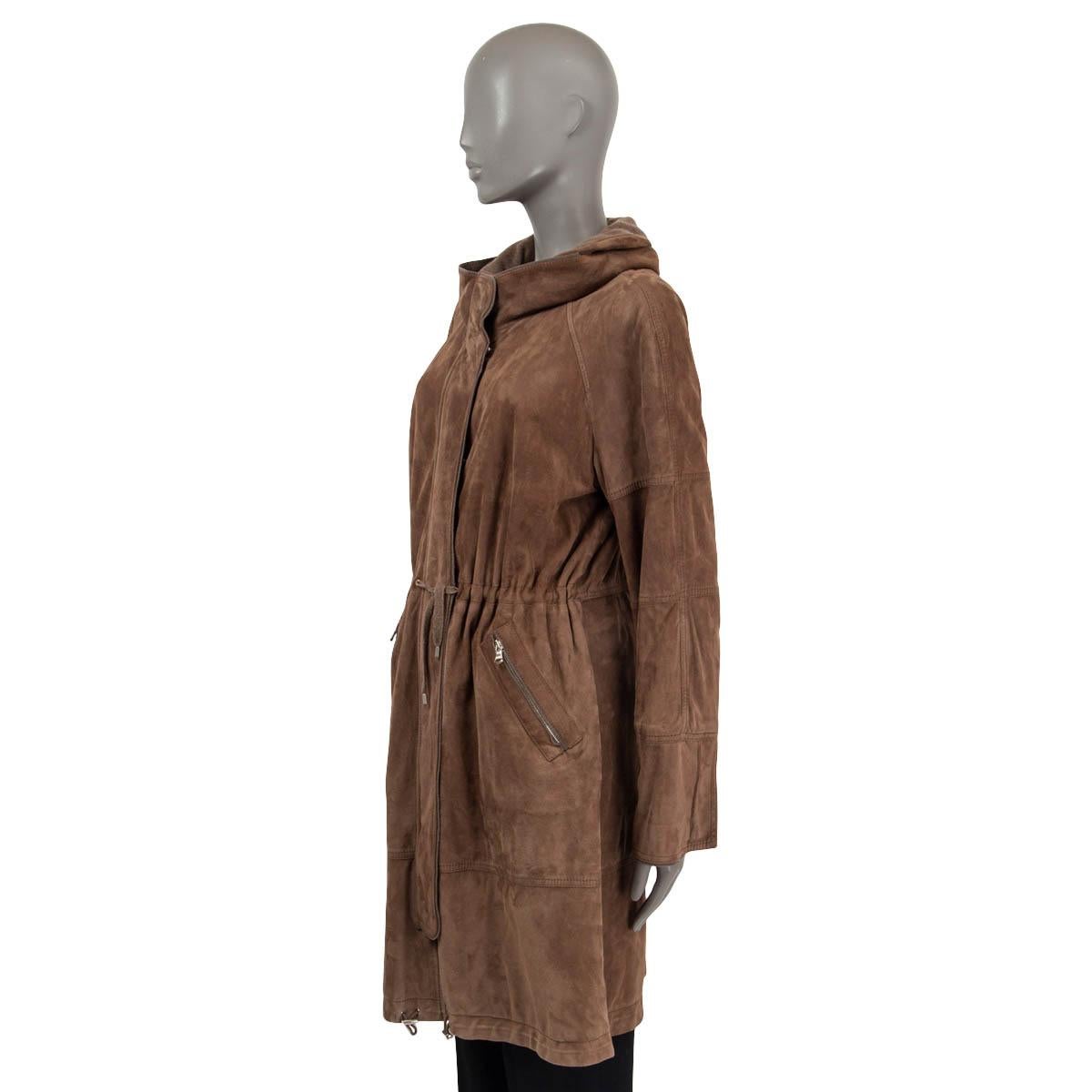 Brown BRUNELLO CUCINELLI brown nubuck suede HIGH NECK DRAWSTRING Coat Jacket L For Sale