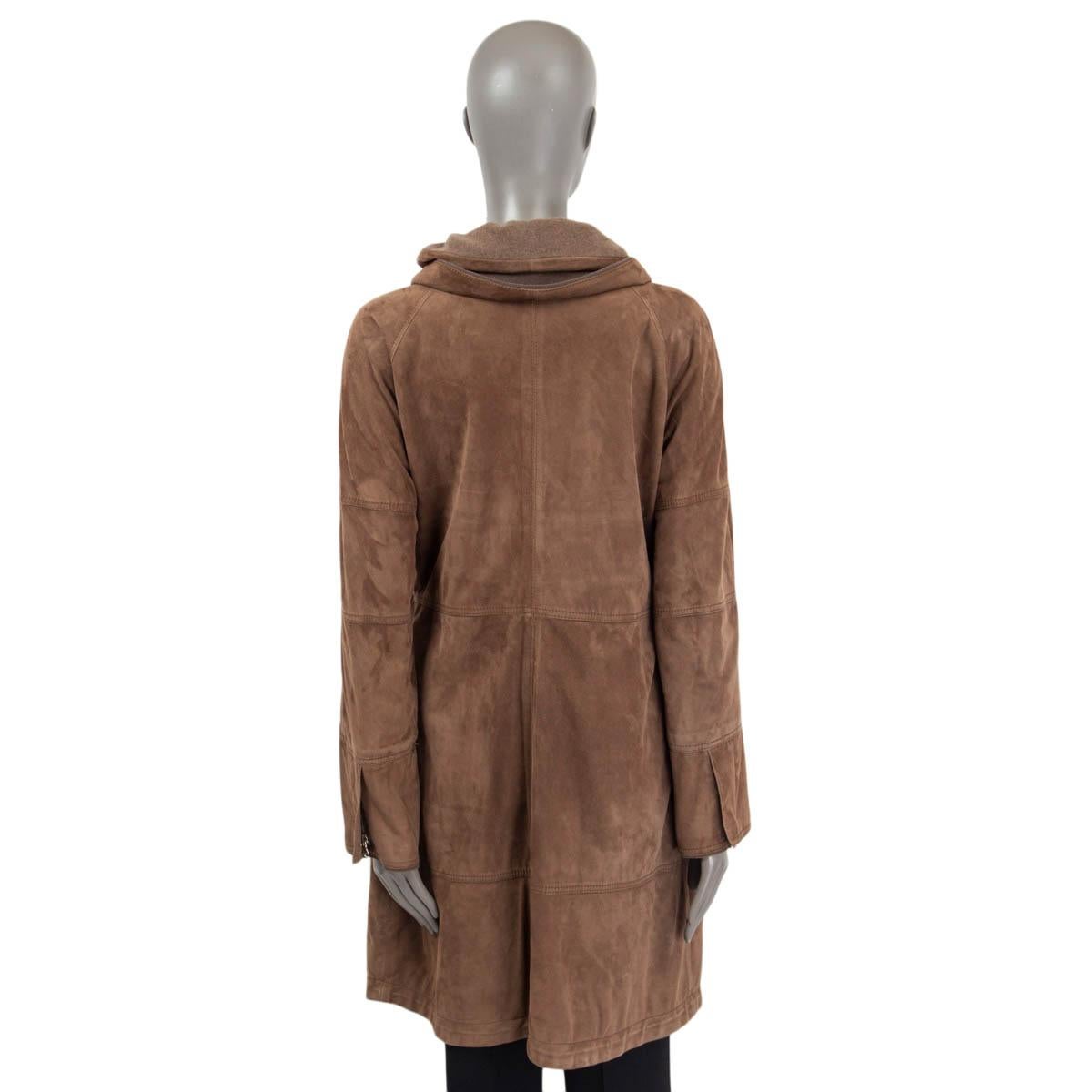 BRUNELLO CUCINELLI brown nubuck suede HIGH NECK DRAWSTRING Coat Jacket L In Excellent Condition For Sale In Zürich, CH