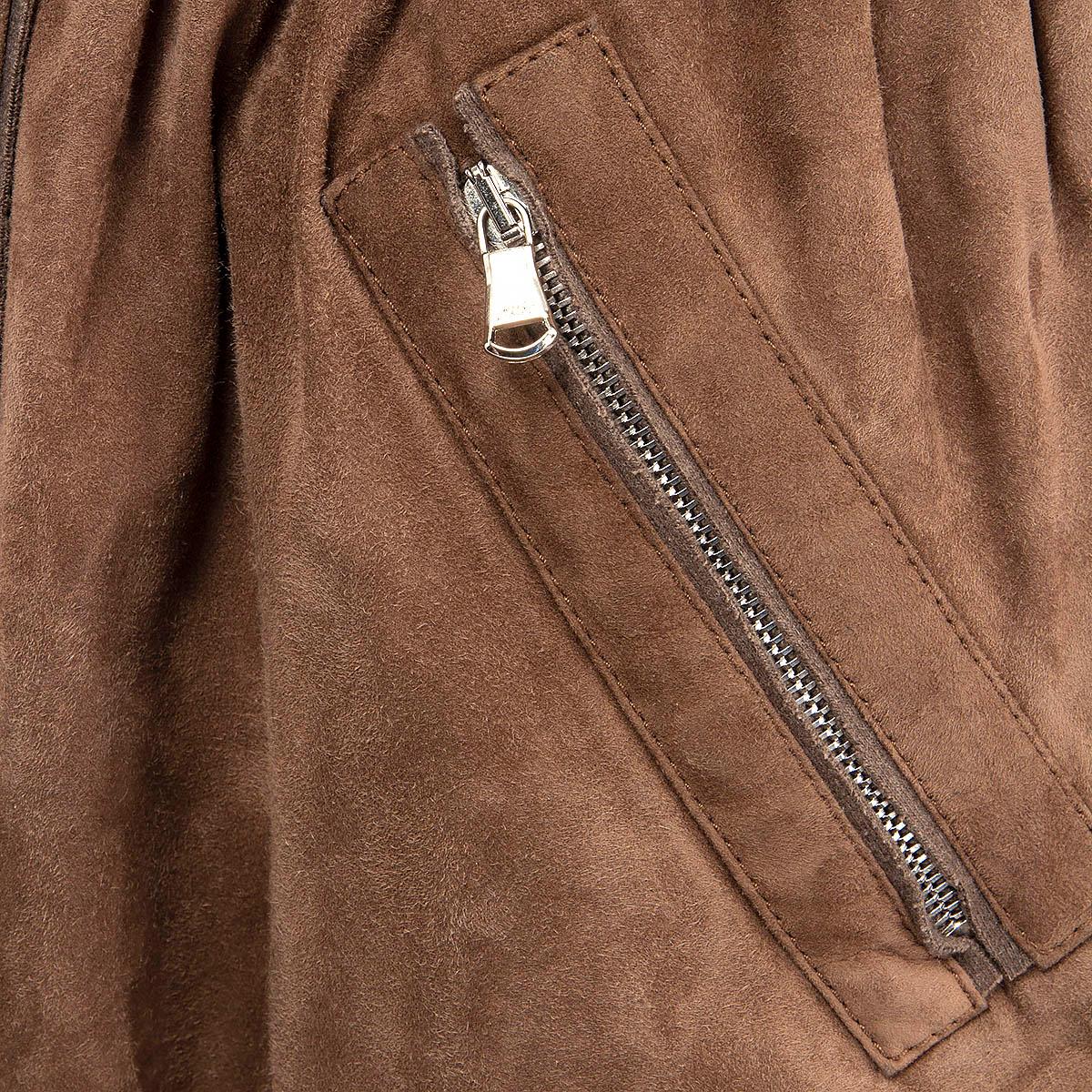 Women's BRUNELLO CUCINELLI brown nubuck suede HIGH NECK DRAWSTRING Coat Jacket L For Sale