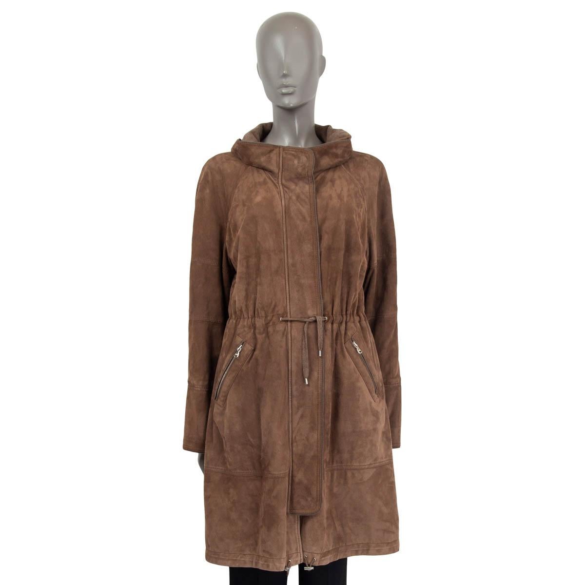 BRUNELLO CUCINELLI brown nubuck suede HIGH NECK DRAWSTRING Coat Jacket L For Sale