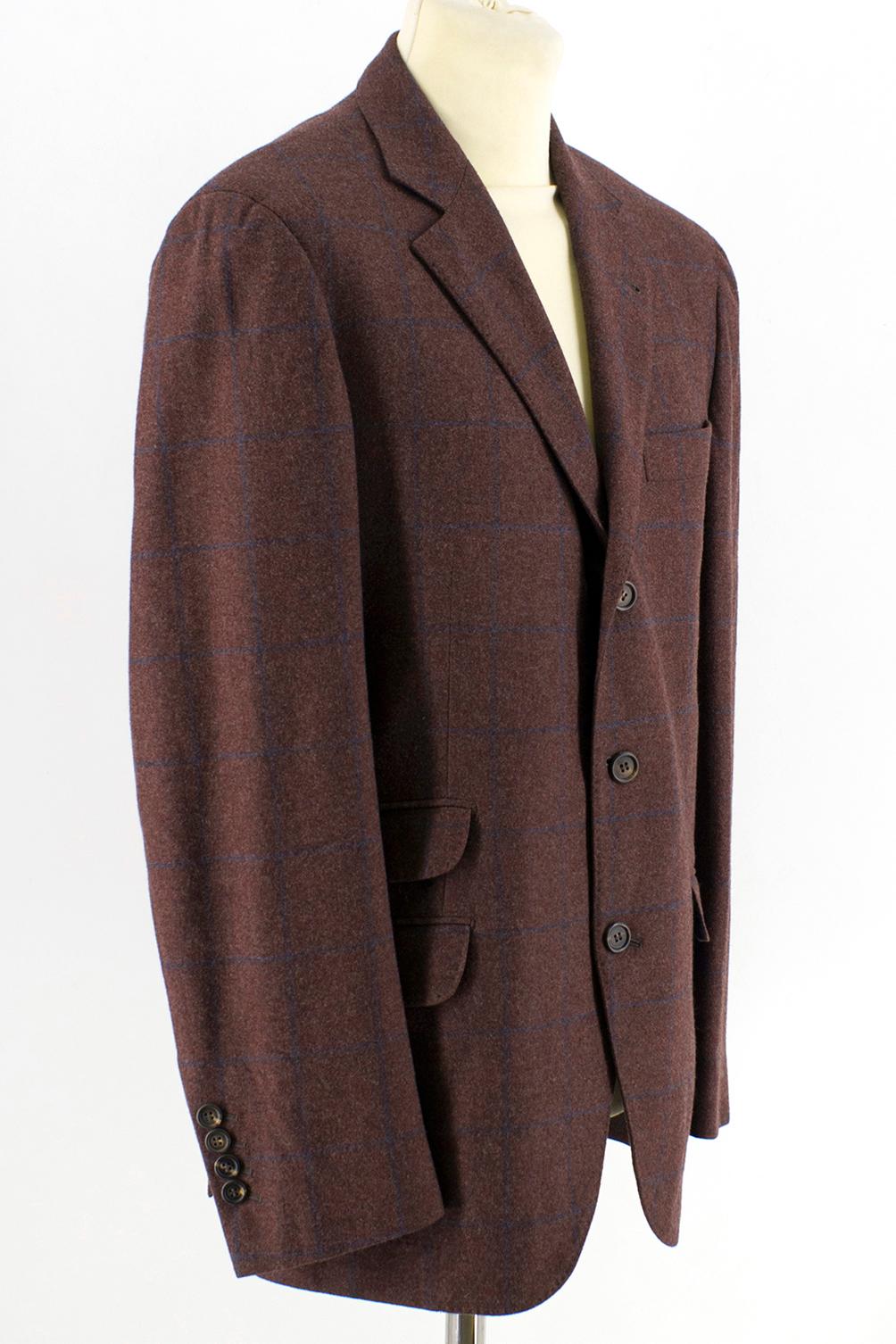 Brunello Cucinelli Burgendy Button Up Check Blazer 

One chest Pocket 
Two Pockets on either side of the waist 
Half Lining 
Medium Weight 
Four Buttons on either side of the Sleeves 

Please note, these items are pre-owned and may show signs