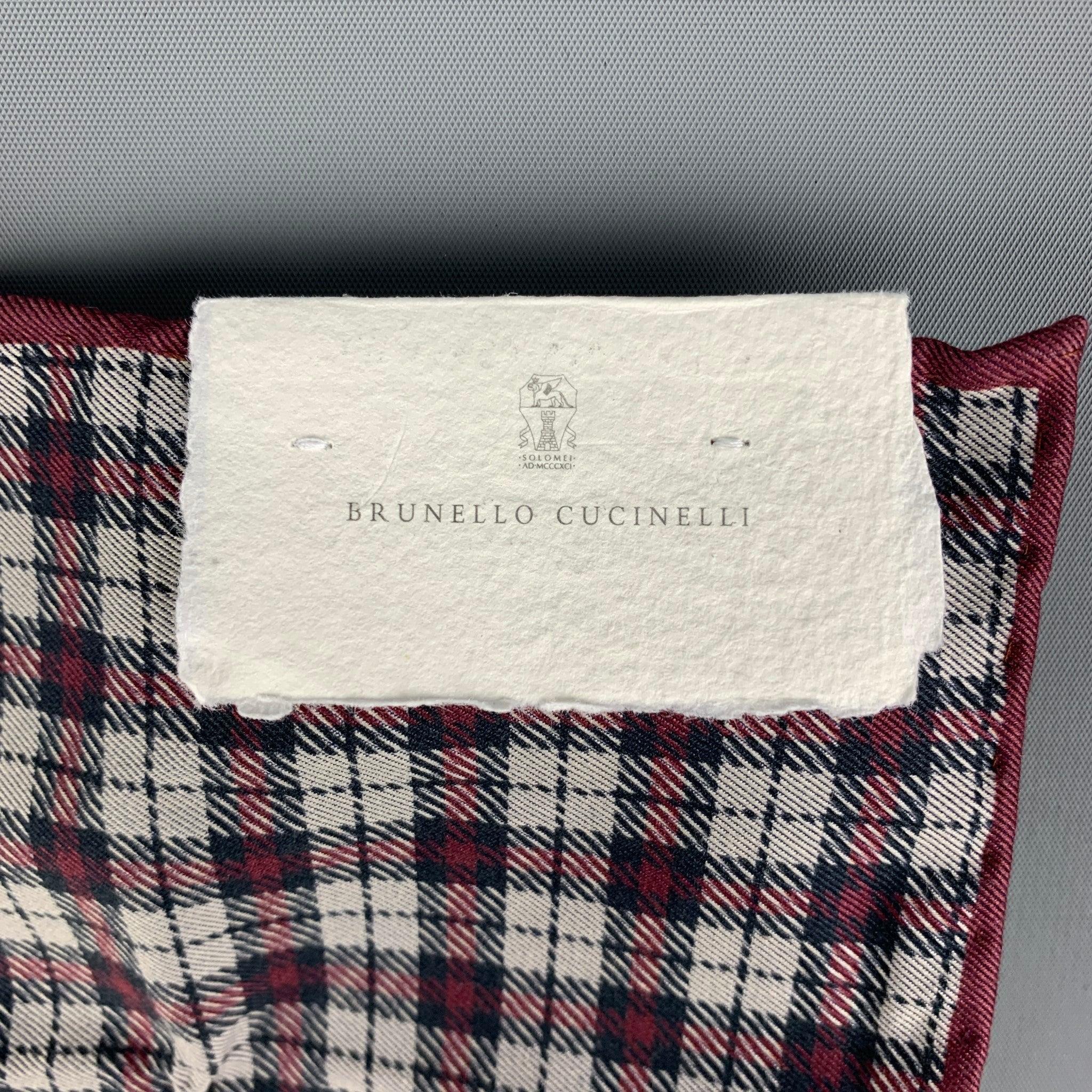 BRUNELLO CUCINELLI Burgundy Grey Tartan Cotton Pocket Square For Sale 1