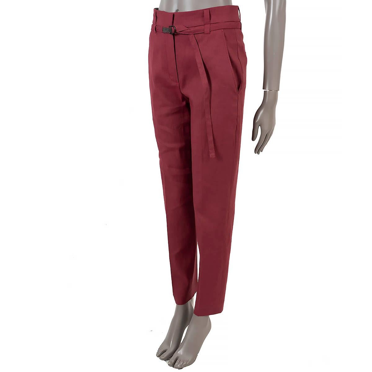 100% authentic Brunello Cucinelli pants in rust linen (65%), cotton (34%) and elastane (1%). Feature a high-waisted paperbag waist with tapered legs, pleats, two slant pockets and a matching fabric belt with Monili buckle. Has been worn and is in