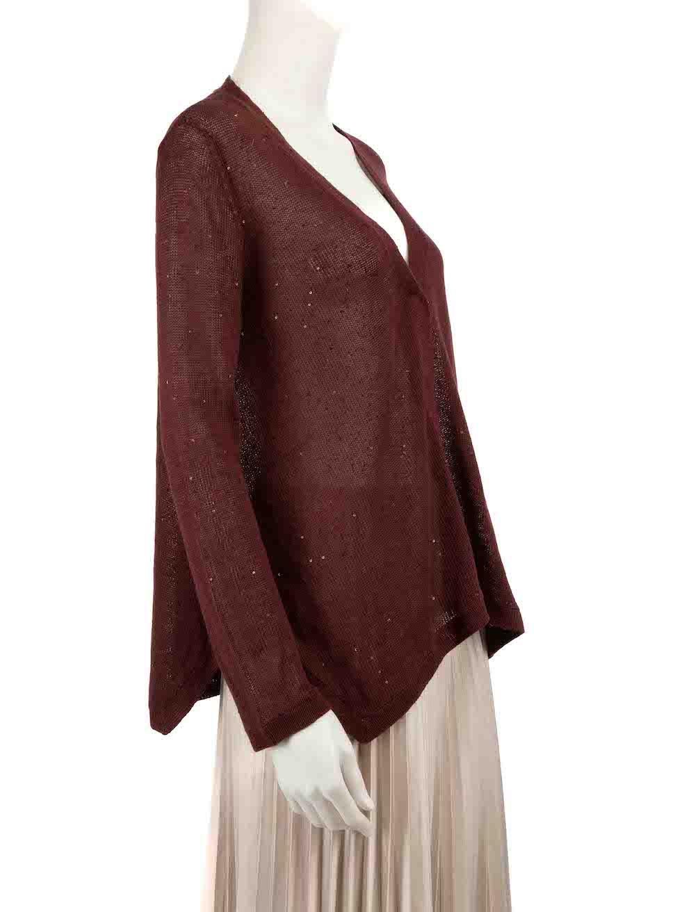 CONDITION is Very good. Hardly any visible wear to cardigan is evident on this used Brunello Cucinelli designer resale item.
 
 
 
 Details
 
 
 Burgundy
 
 Linen
 
 Knit cardigan
 
 Sequin embellished
 
 Long sleeves
 
 V-neck
 
 Snap button
