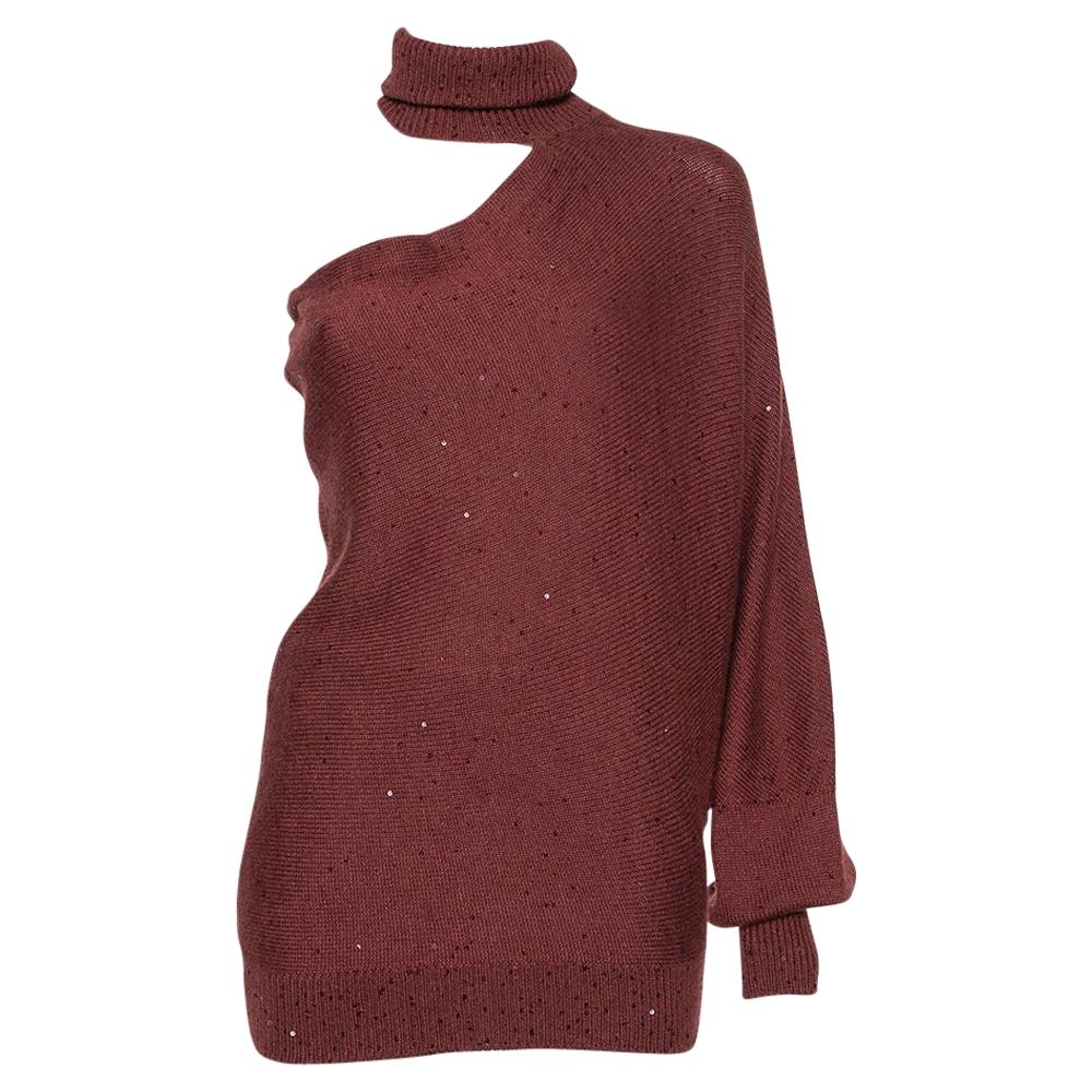 Brunello Cucinelli Burgundy & Silk Sequin Embellished Off Shoulder Pullover M