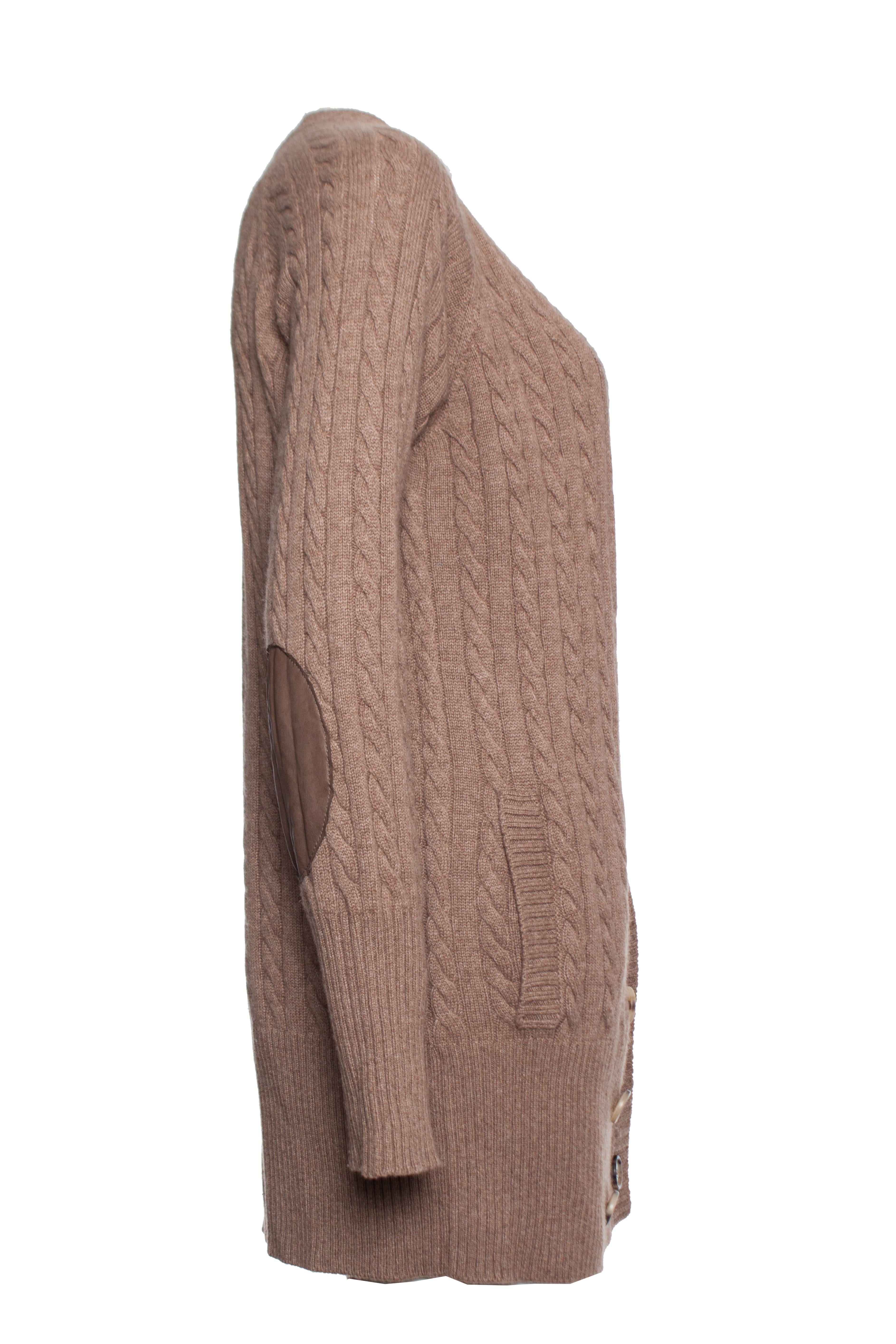 Brown Brunello Cucinelli, cable cashmere cardigan in camel. For Sale