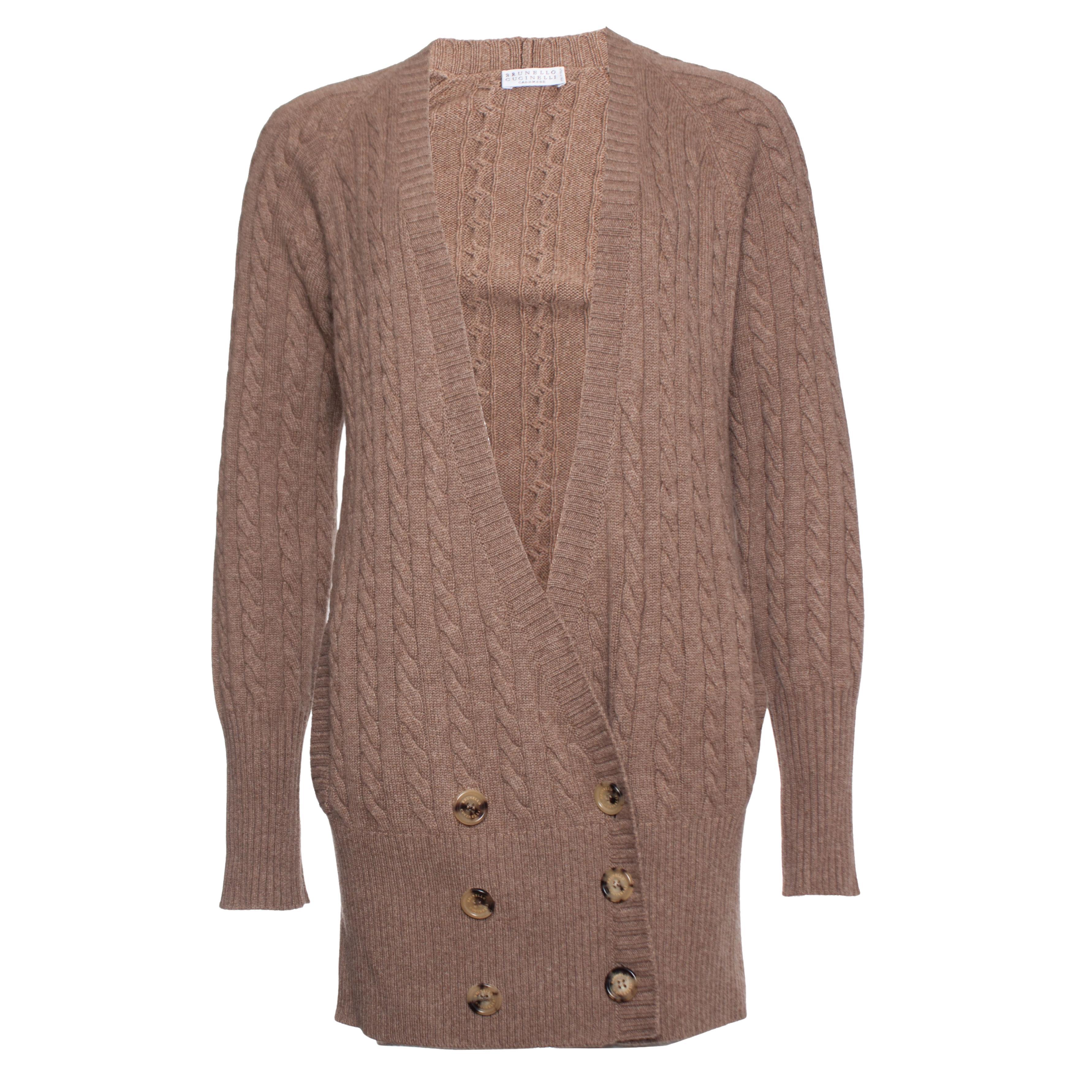Brunello Cucinelli, cable cashmere cardigan in camel. For Sale