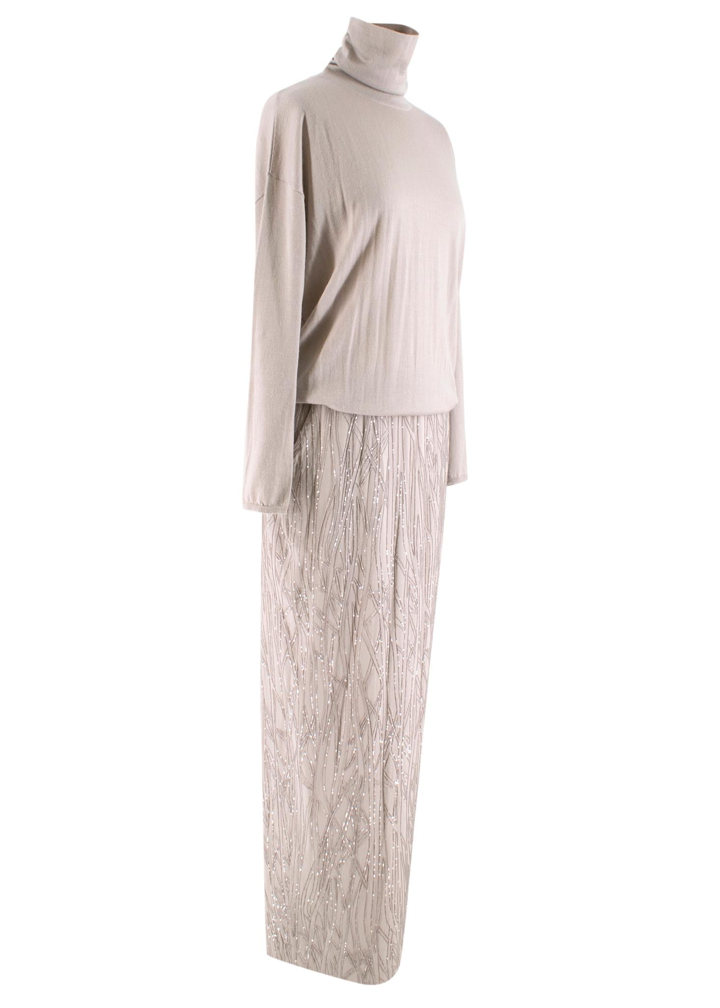 Brunello Cucinelli Cashmere & Sequin Dress

-Beige, cashmere and silk 
-Sequin detailing 
-Long-sleeve
-Open-back
-Turtleneck style 
-Two button closure on back of neck
-Back vent
-Two functional frontside pockets 
-Two decorative back pockets 
-