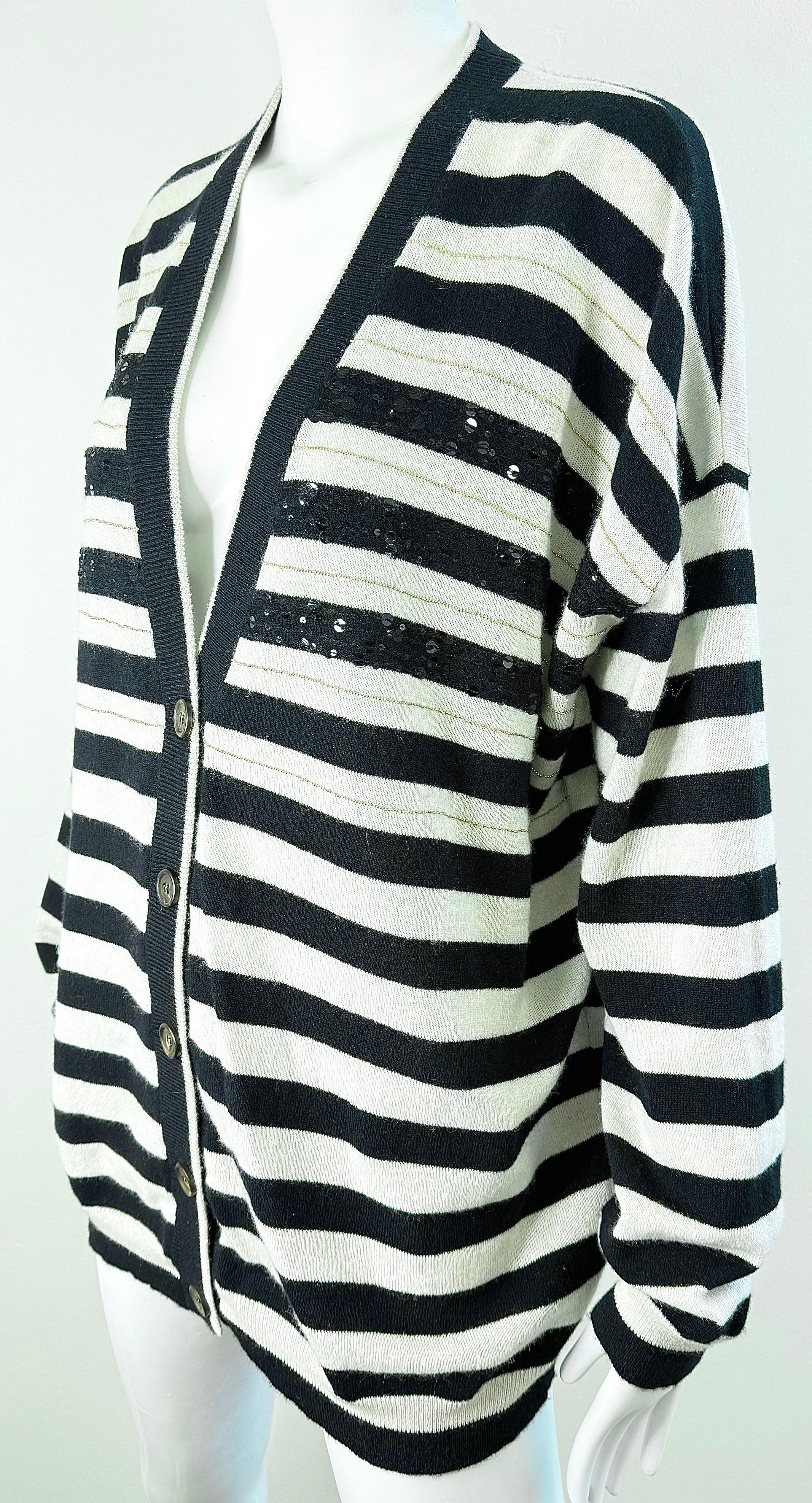 Brunello Cucinelli Kaschmir Streifen Pailletten Strickjacke Schwarz Weiß Pullover Med Large im Angebot 7