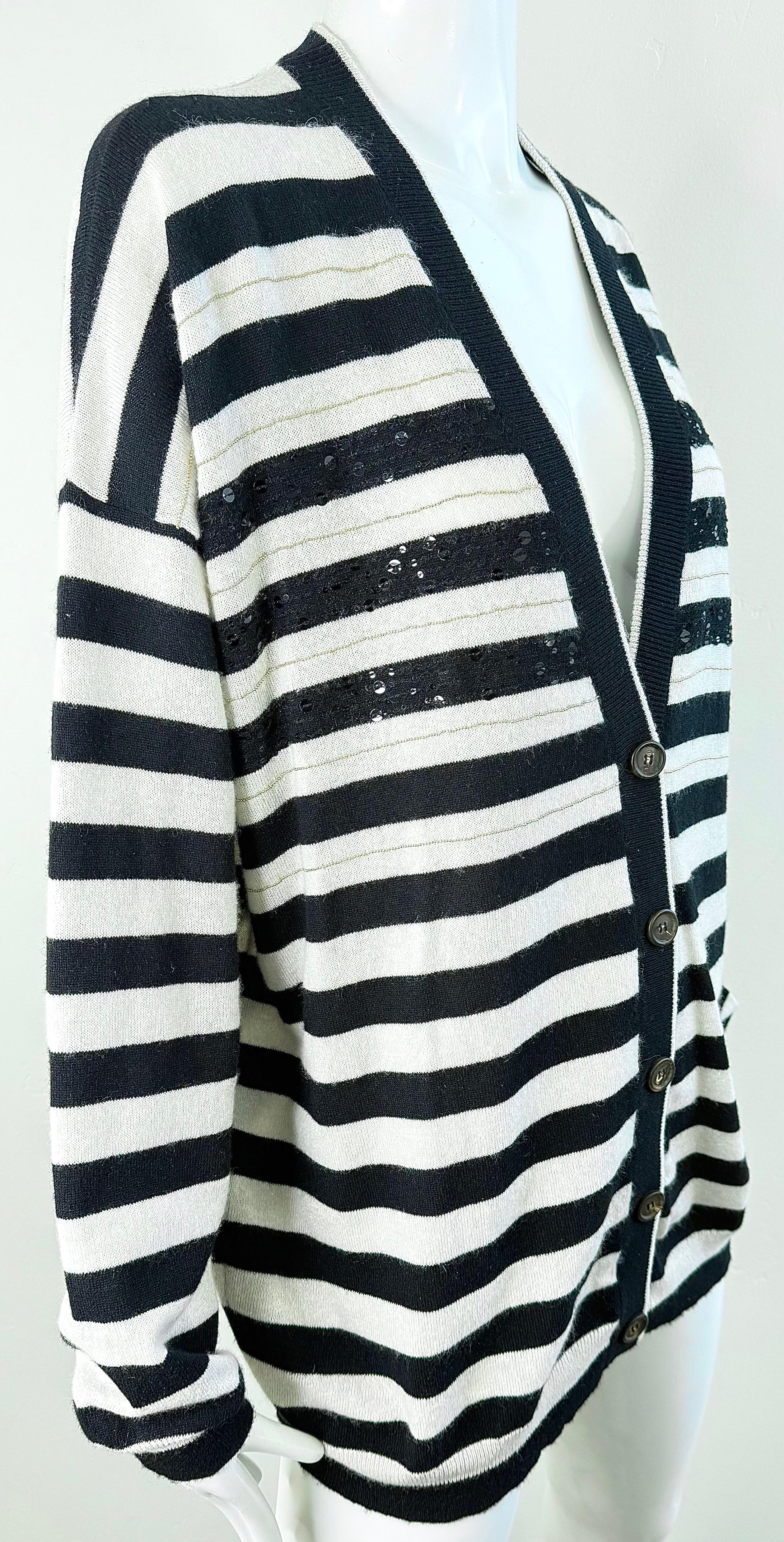 Brunello Cucinelli Kaschmir Streifen Pailletten Strickjacke Schwarz Weiß Pullover Med Large im Angebot 9