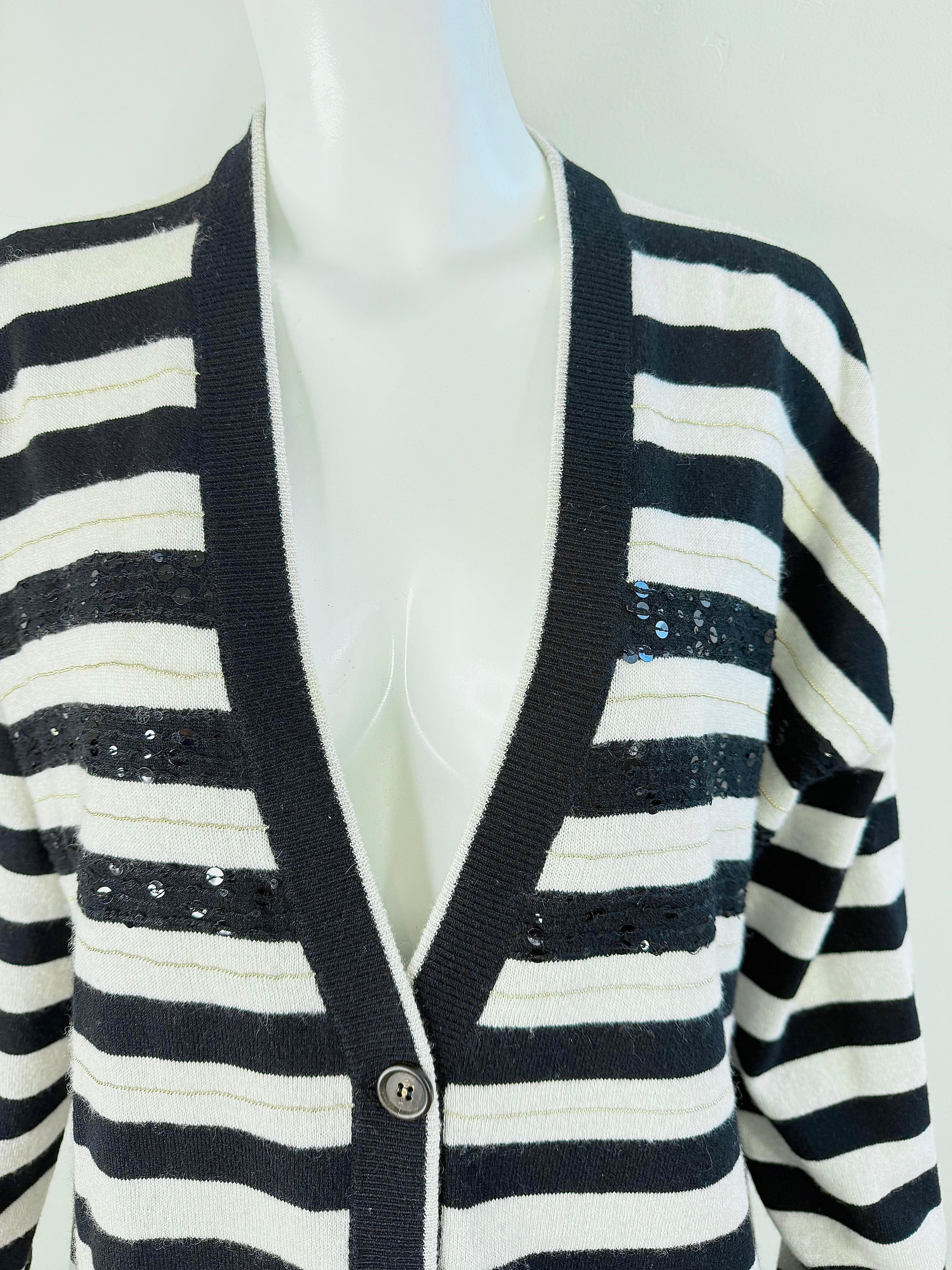 Brunello Cucinelli Kaschmir Streifen Pailletten Strickjacke Schwarz Weiß Pullover Med Large im Angebot 11