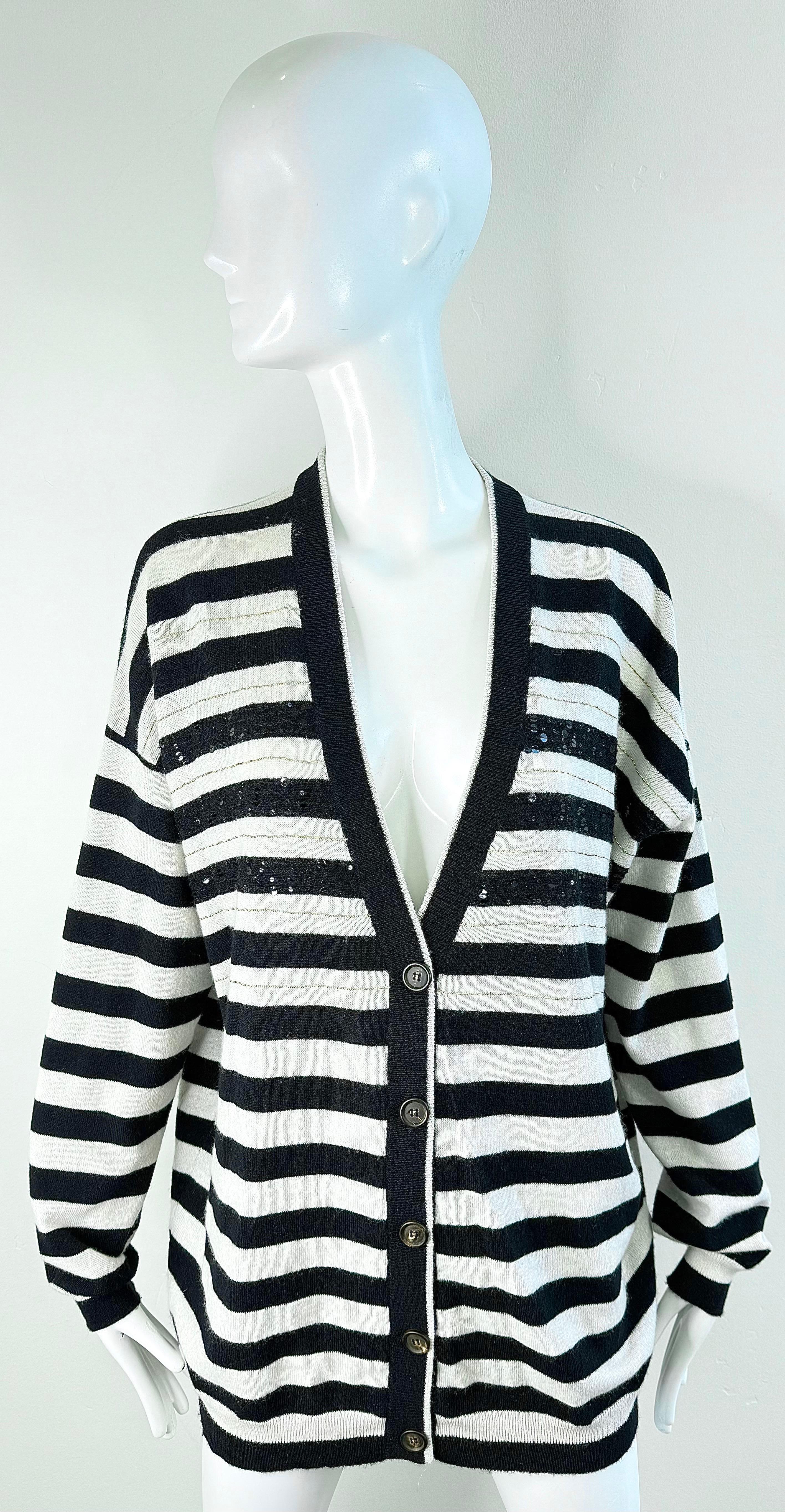 Brunello Cucinelli Kaschmir Streifen Pailletten Strickjacke Schwarz Weiß Pullover Med Large im Angebot 12