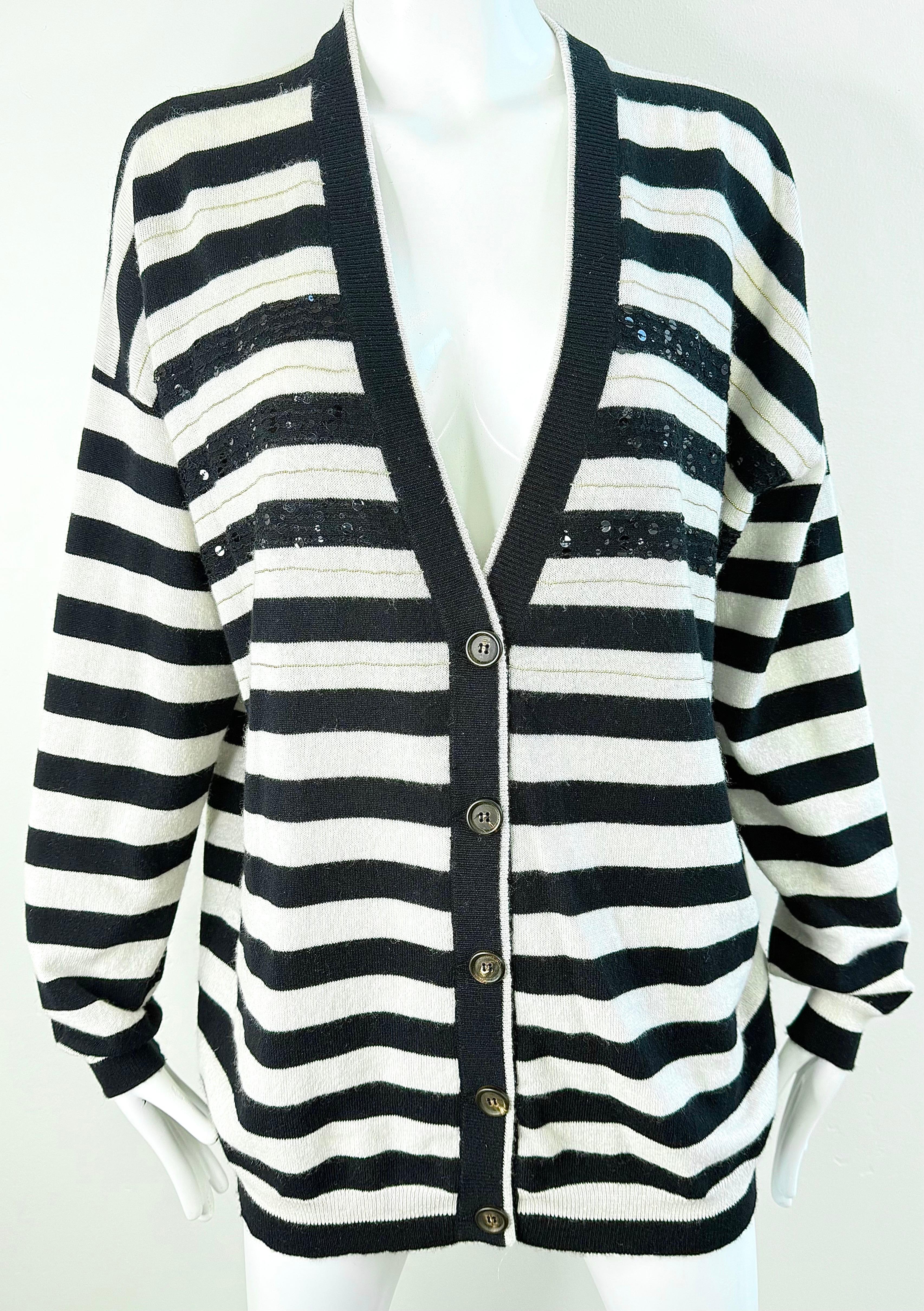 Brunello Cucinelli Kaschmir Streifen Pailletten Strickjacke Schwarz Weiß Pullover Med Large im Zustand „Hervorragend“ im Angebot in San Diego, CA