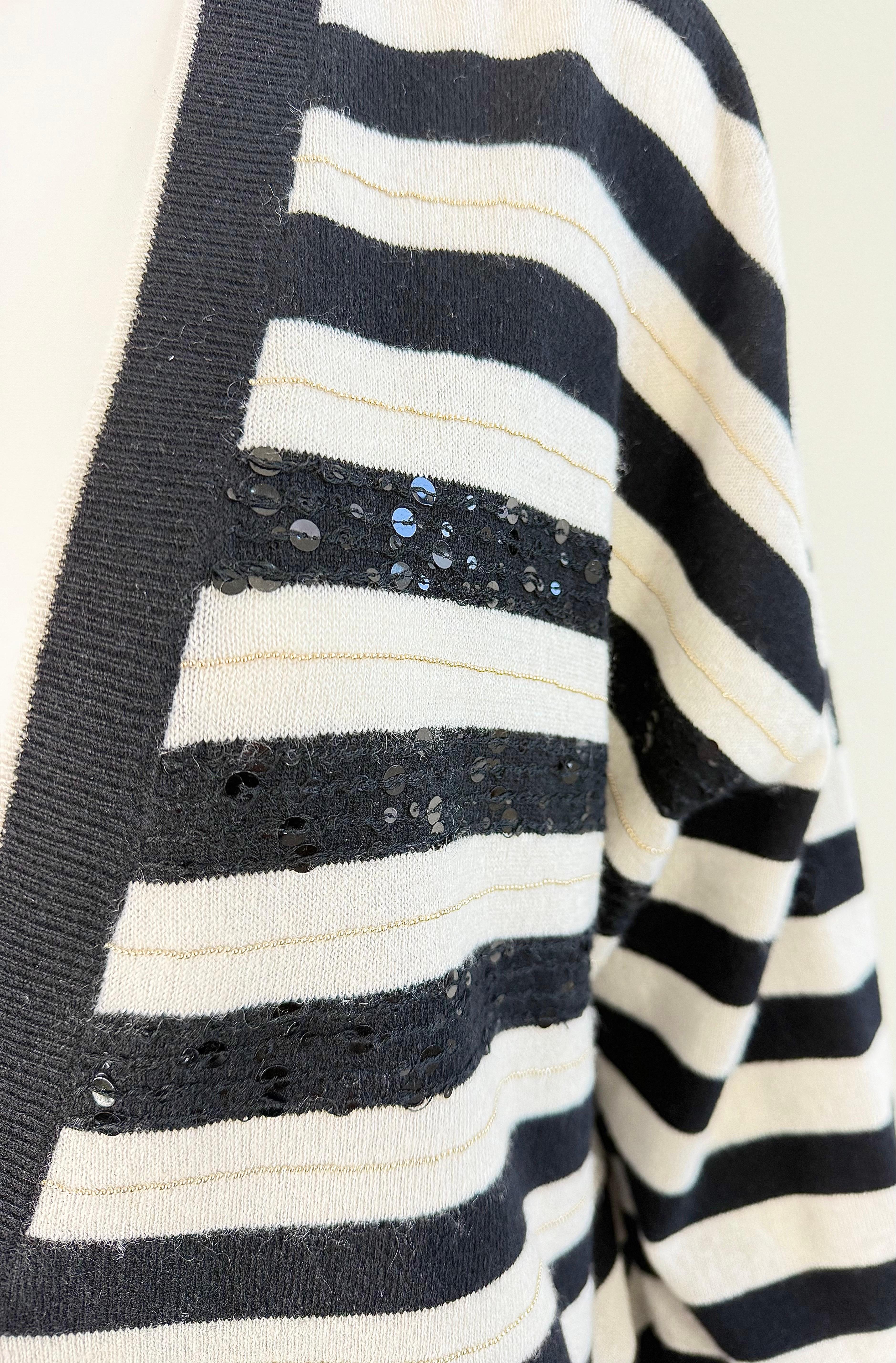 Brunello Cucinelli Kaschmir Streifen Pailletten Strickjacke Schwarz Weiß Pullover Med Large im Angebot 1