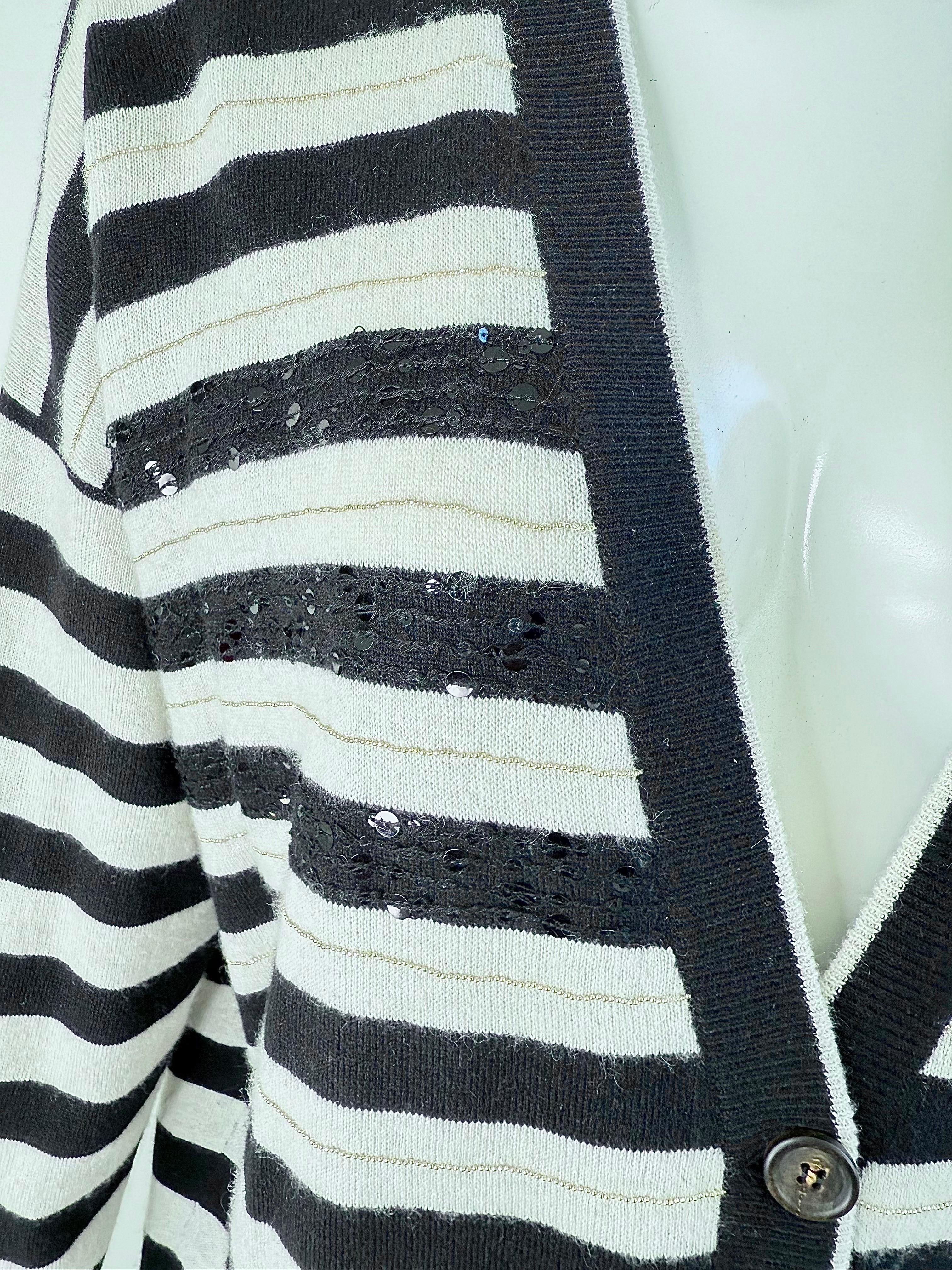 Brunello Cucinelli Kaschmir Streifen Pailletten Strickjacke Schwarz Weiß Pullover Med Large im Angebot 2
