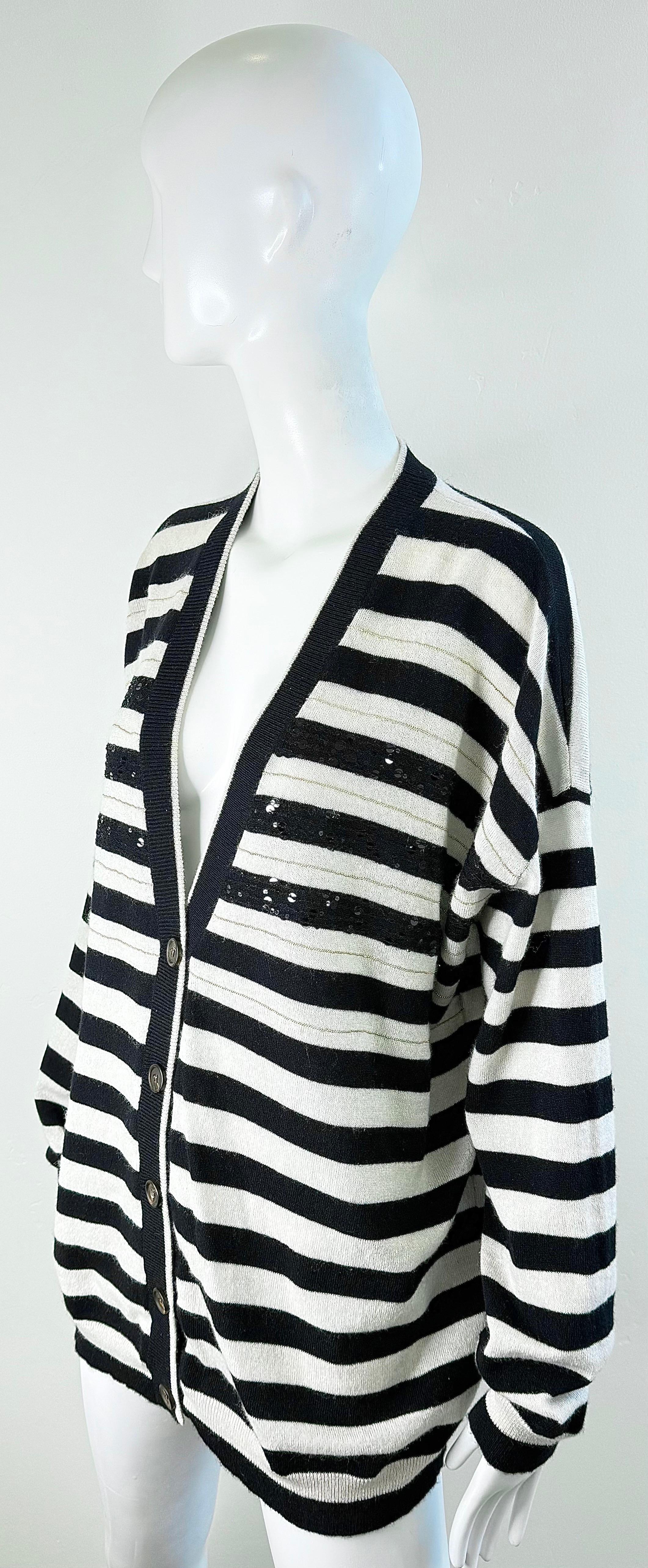 Brunello Cucinelli Kaschmir Streifen Pailletten Strickjacke Schwarz Weiß Pullover Med Large im Angebot 3