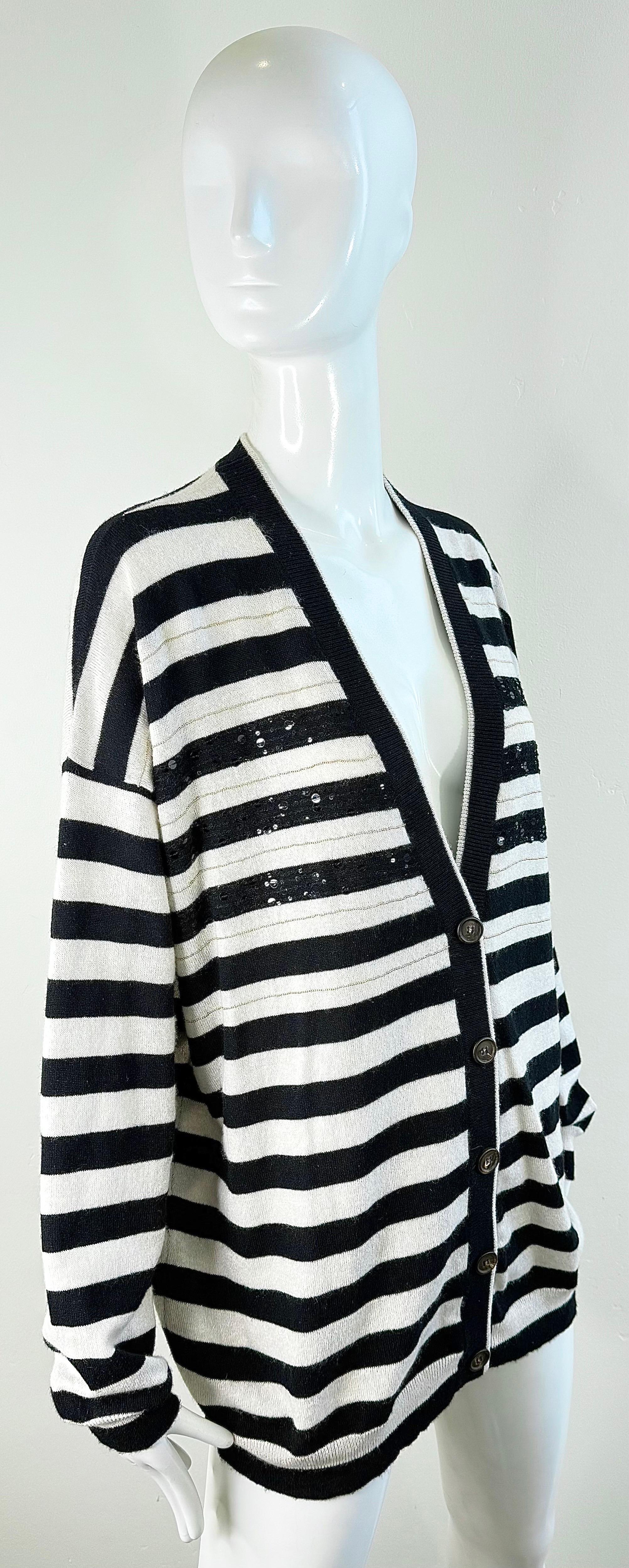 Brunello Cucinelli Kaschmir Streifen Pailletten Strickjacke Schwarz Weiß Pullover Med Large im Angebot 4