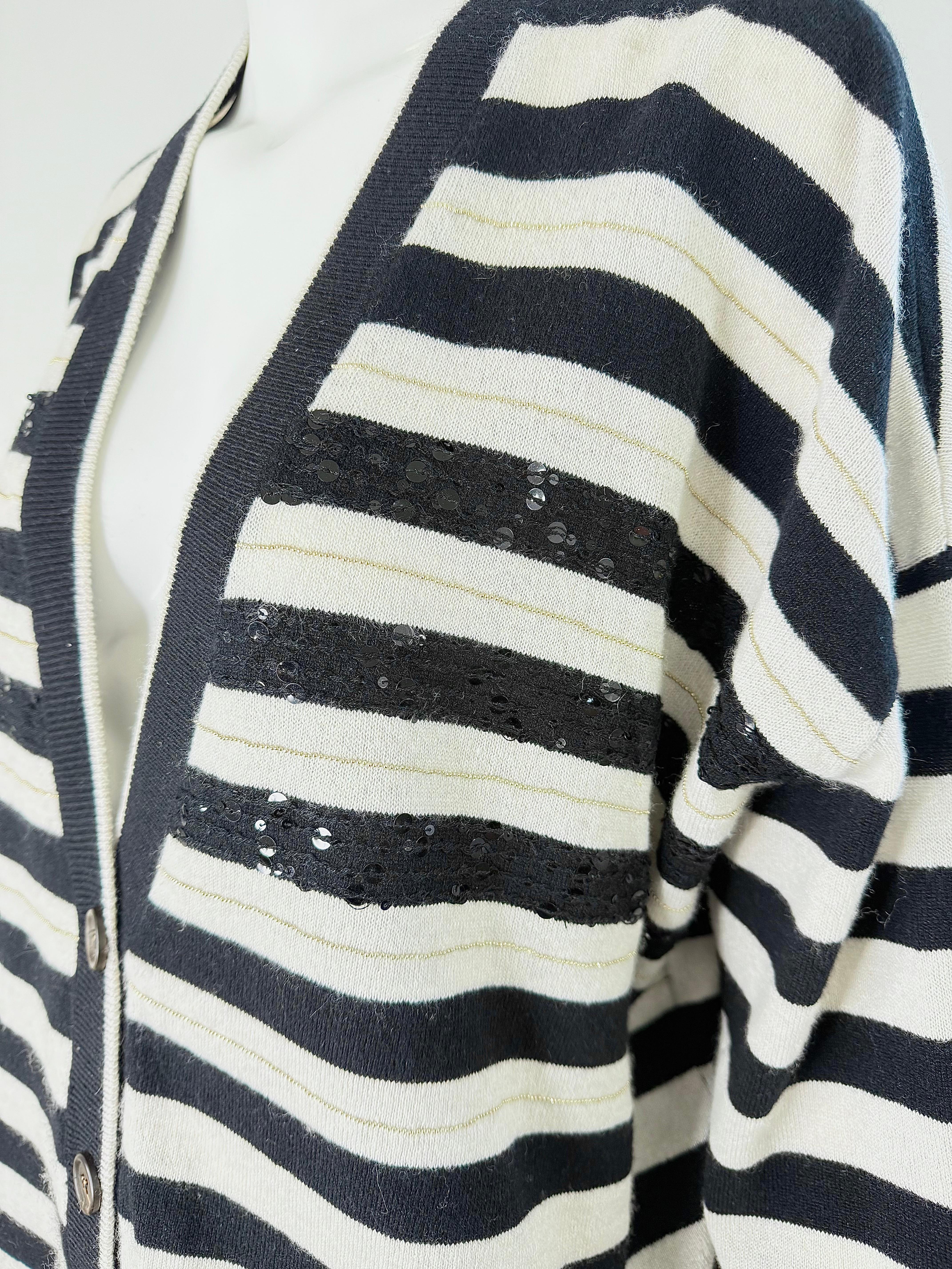 Brunello Cucinelli Kaschmir Streifen Pailletten Strickjacke Schwarz Weiß Pullover Med Large im Angebot 5