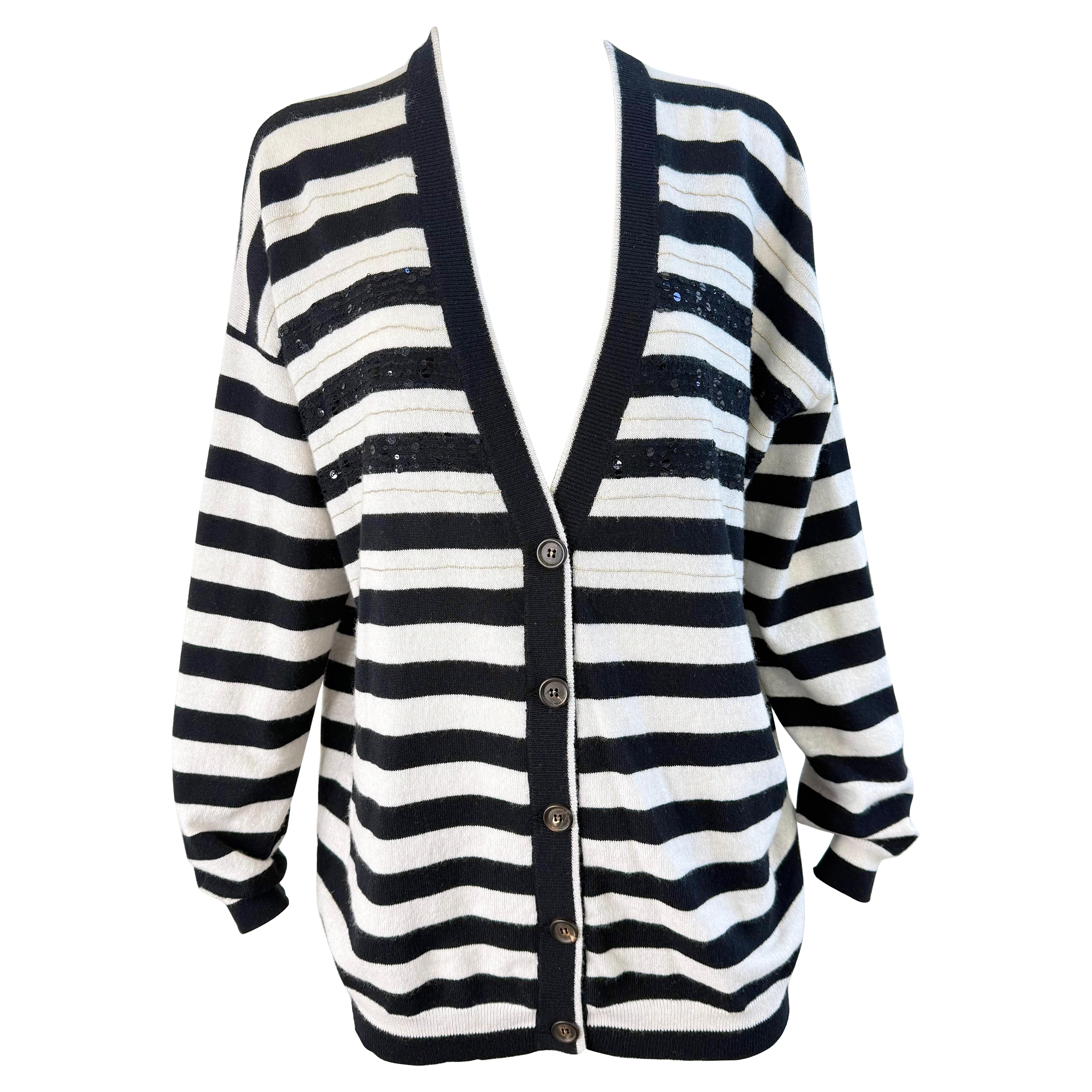 Brunello Cucinelli Cashmere Stripe Sequin Cardigan Black White Sweater Med Large