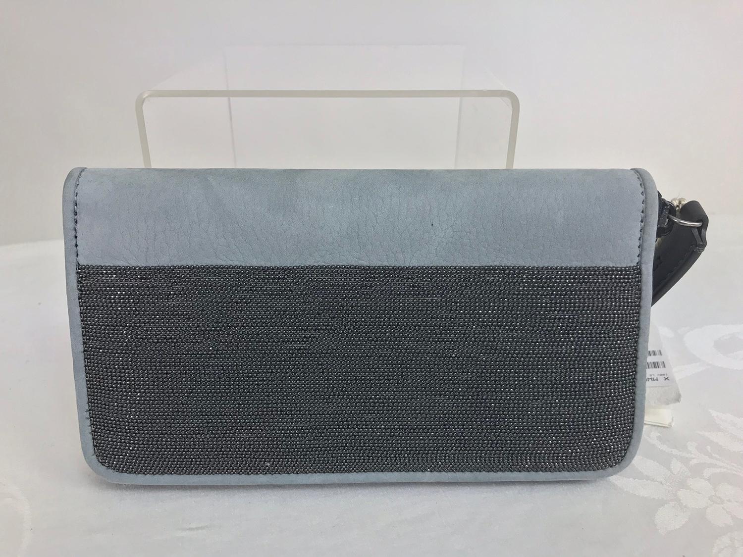 Brunello Cucinelli caviar beaded grey suede zipper clutch 2018 NWT retail $1695. From spring/summer 2018 this gorgeous clutch/wallet will hold all your credit cards and flat bills + an iPhone in style. Soft pale grey textured suede with tiny dark
