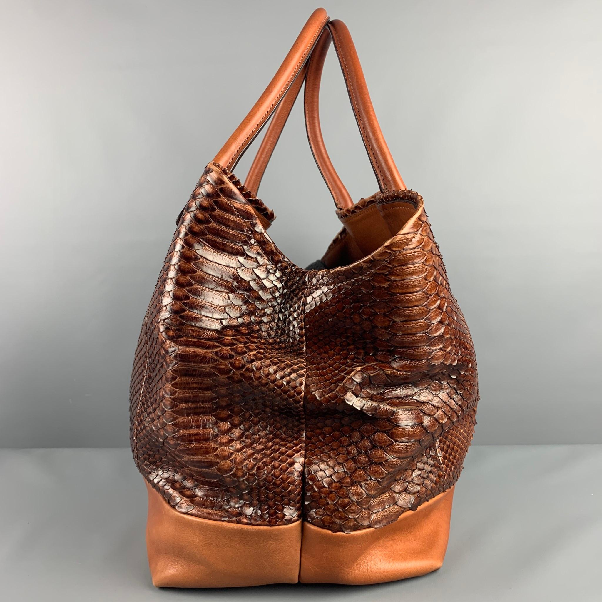 BRUNELLO CUCINELLI Cognac Mixed Leathers Calfskin Tote Handbag In Good Condition In San Francisco, CA