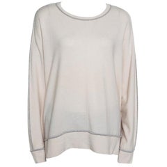 Brunello Cucinelli Cream Cashmere Contrast Piped Dolman Sleeve Sweater XL