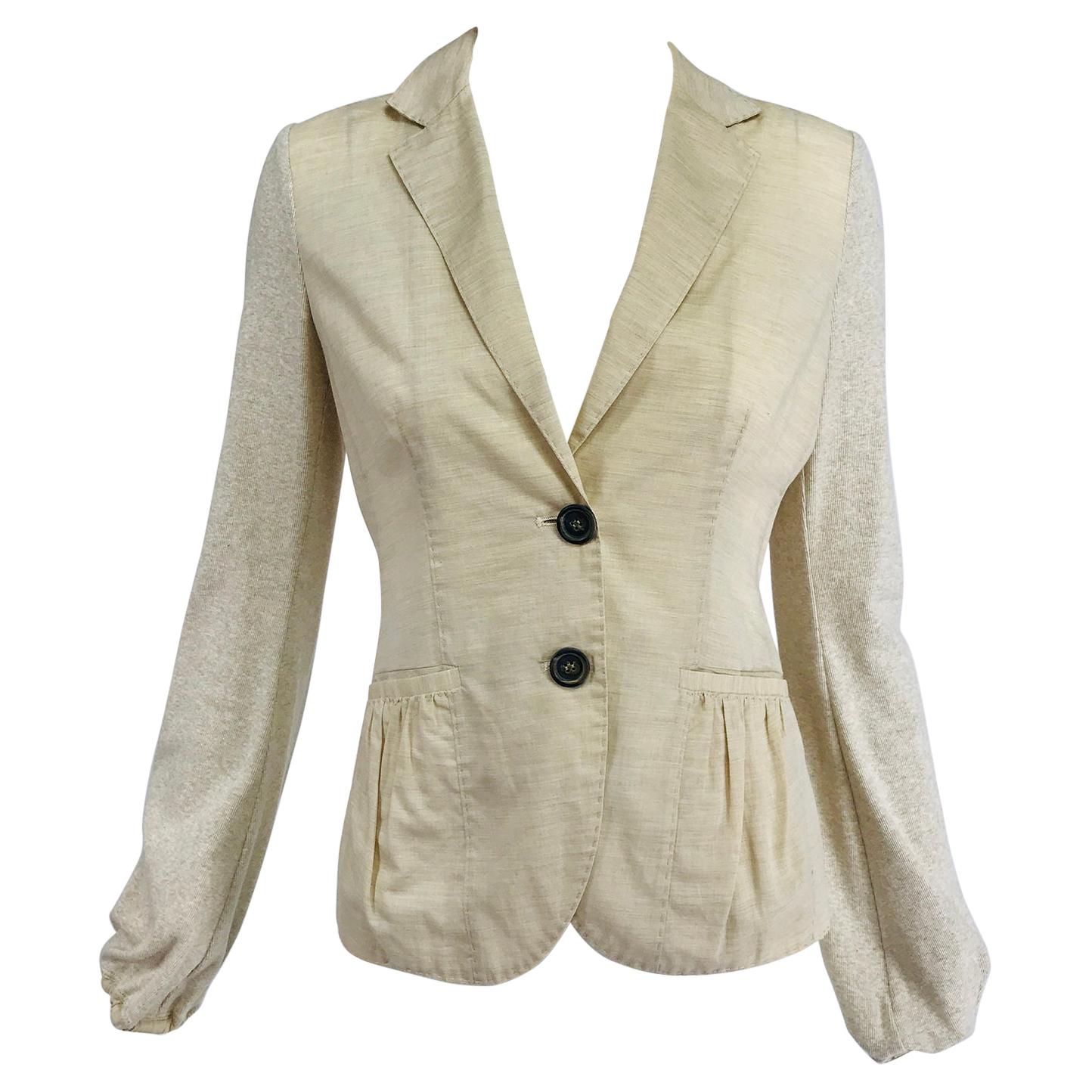 Brunello Cucinelli Cremefarbene Jacke aus Baumwolle und Leinen mit Knopfleiste aus Strick XS