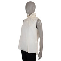 BRUNELLO CUCINELLI cream cotton RUFFLED HIGH NECK VOILE Blouse Shirt S