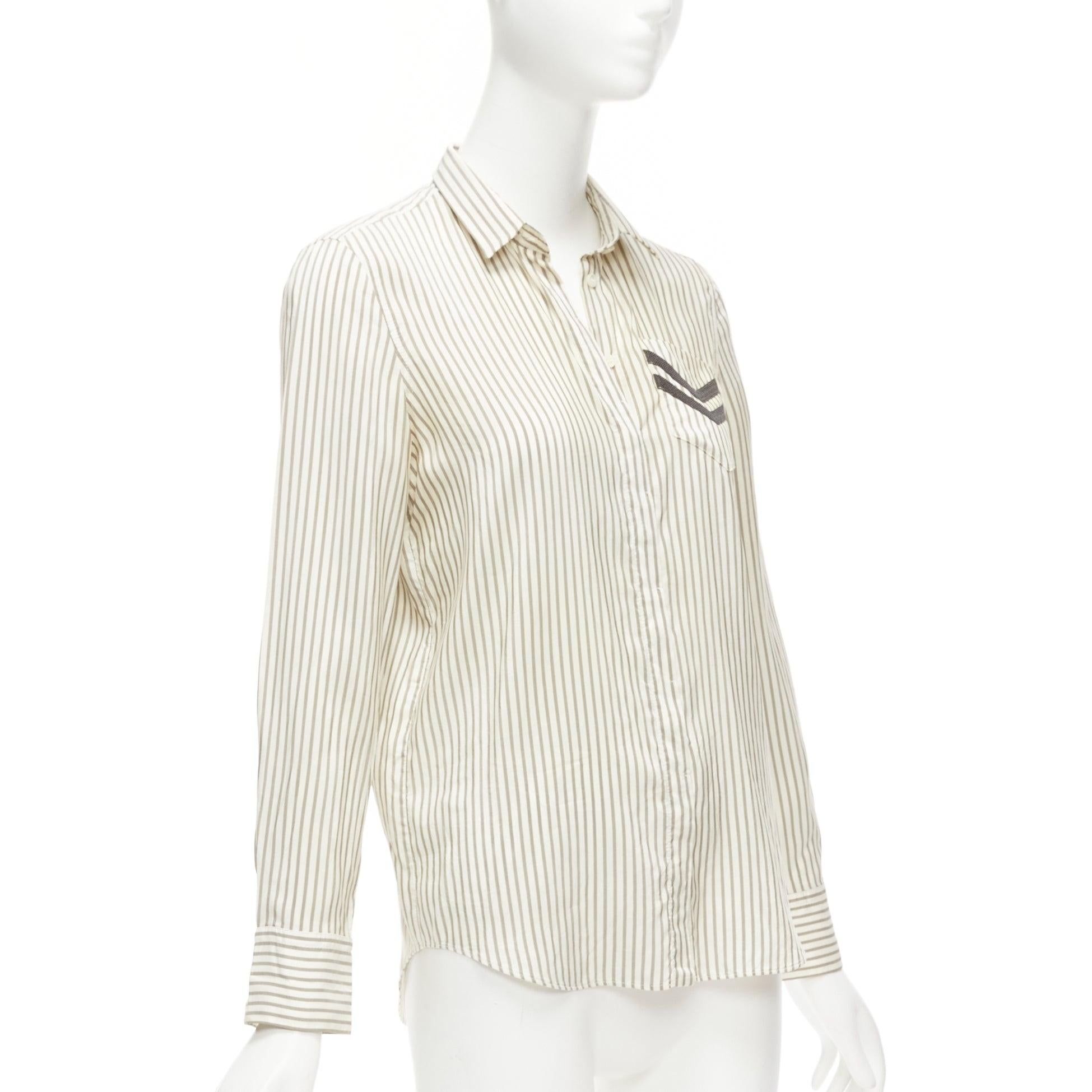 BRUNELLO CUCINELLI cream grey stripe black V beaded pocket dress shirt XS In Fair Condition For Sale In Hong Kong, NT
