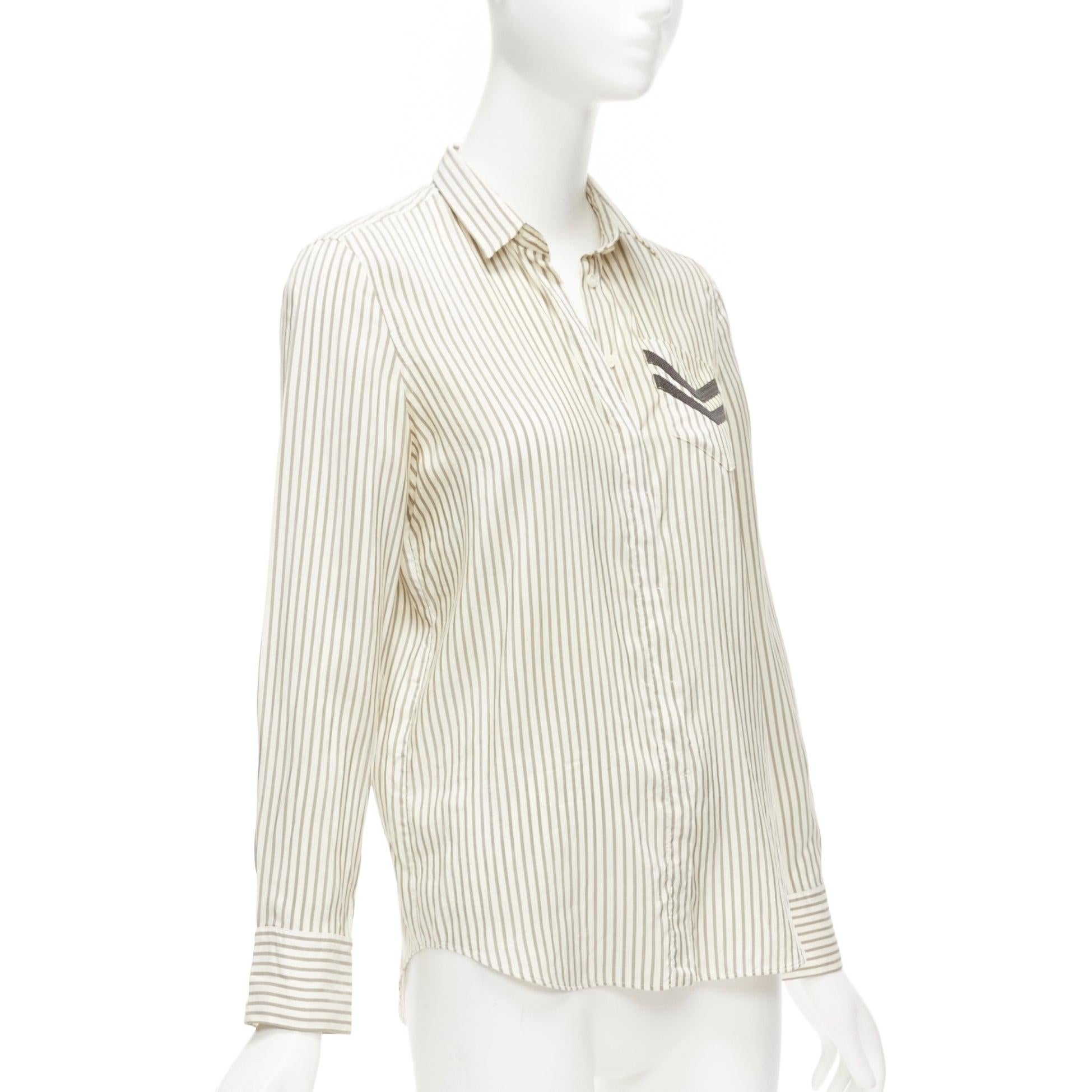 Gray BRUNELLO CUCINELLI cream grey stripe black V beaded pocket dress shirt XS For Sale