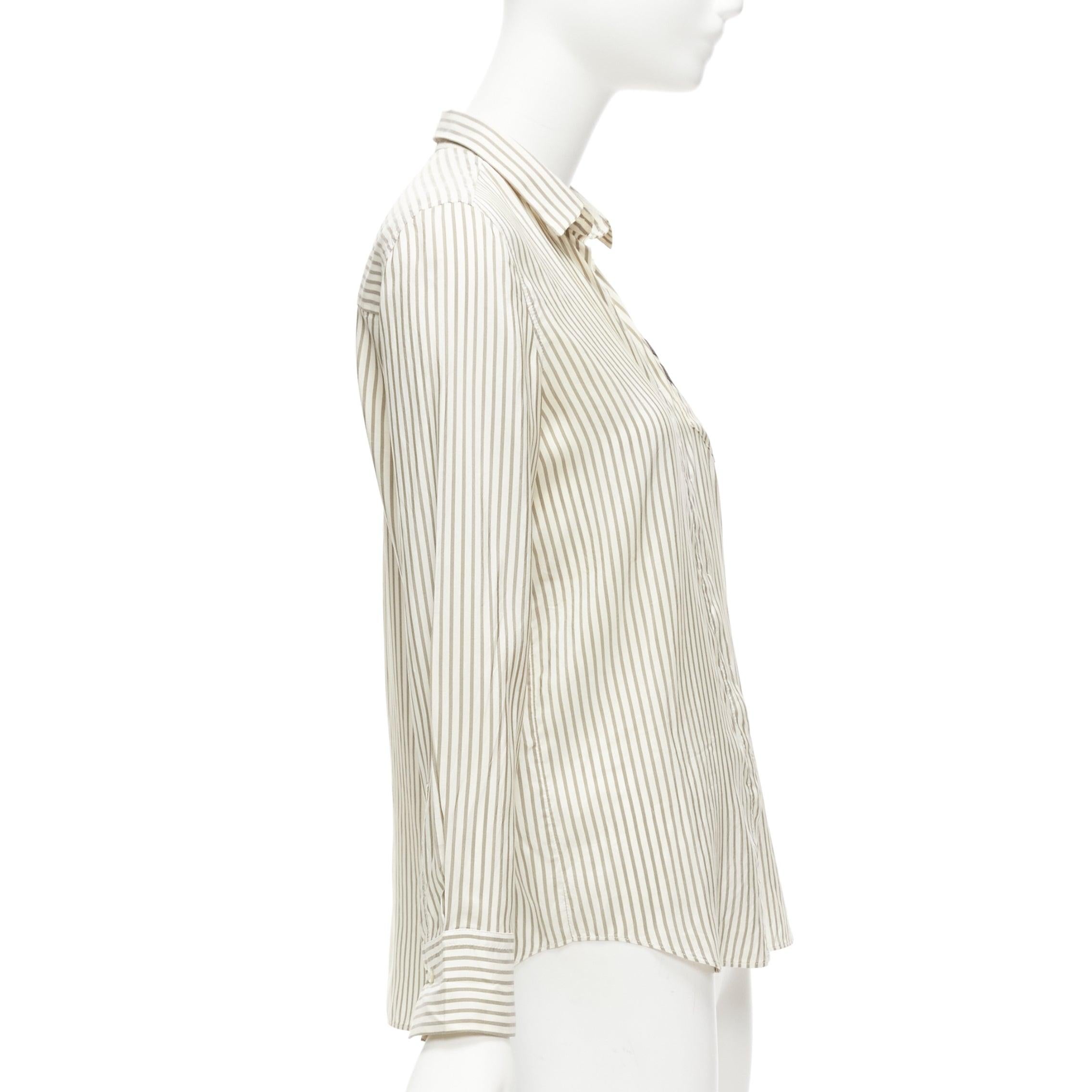 BRUNELLO CUCINELLI cream grey stripe black V beaded pocket dress shirt XS In Fair Condition For Sale In Hong Kong, NT