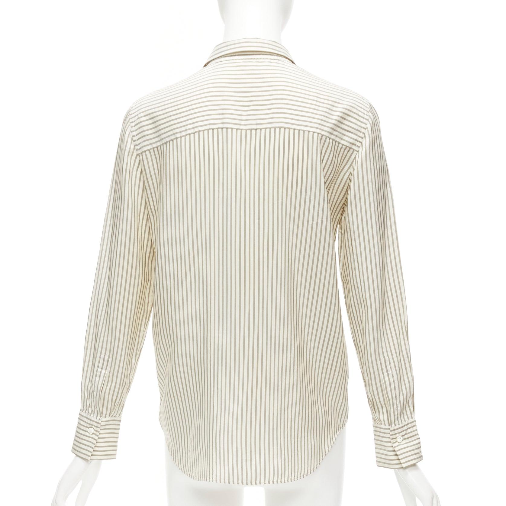 Women's BRUNELLO CUCINELLI cream grey stripe black V beaded pocket dress shirt XS For Sale