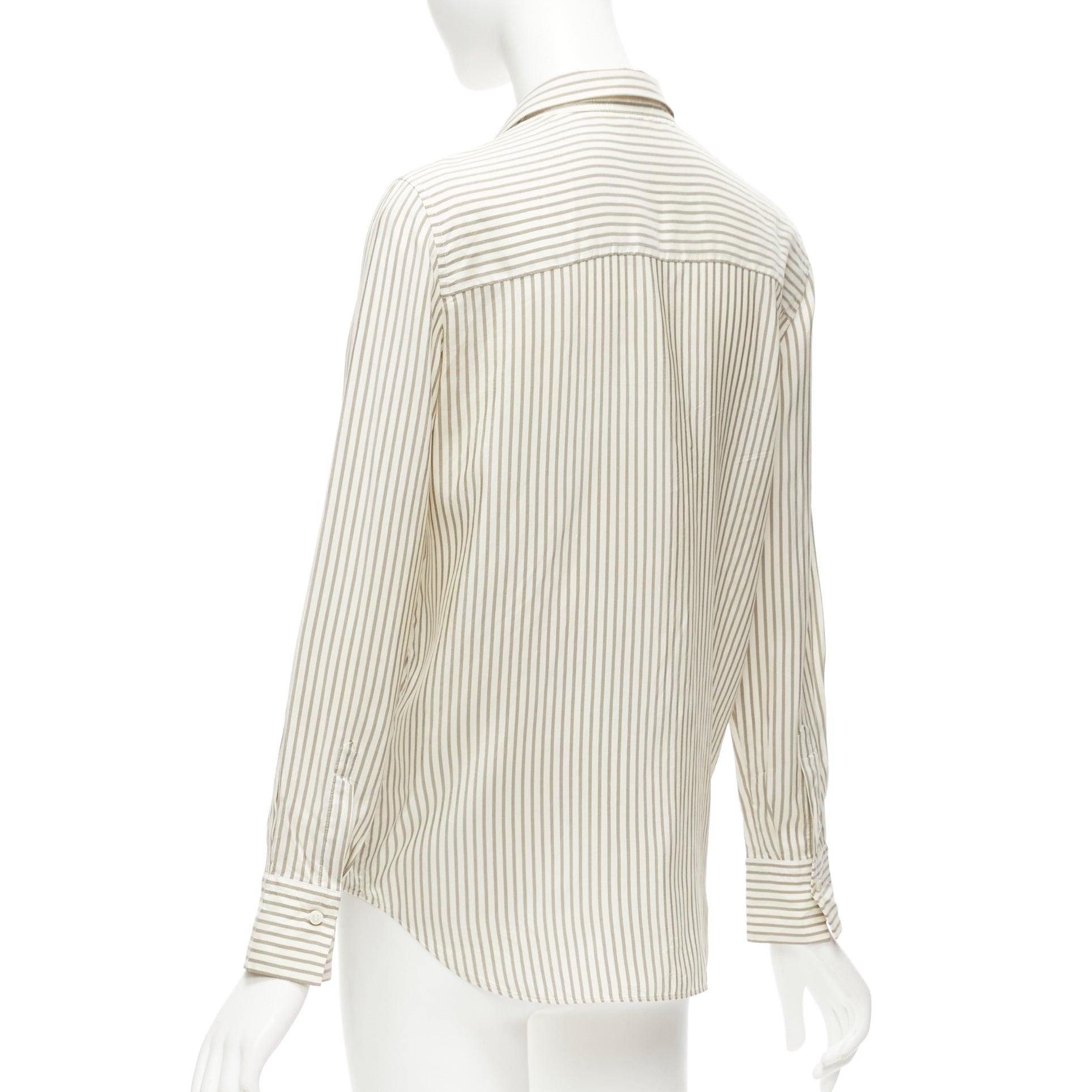 BRUNELLO CUCINELLI cream grey stripe black V beaded pocket dress shirt XS For Sale 2