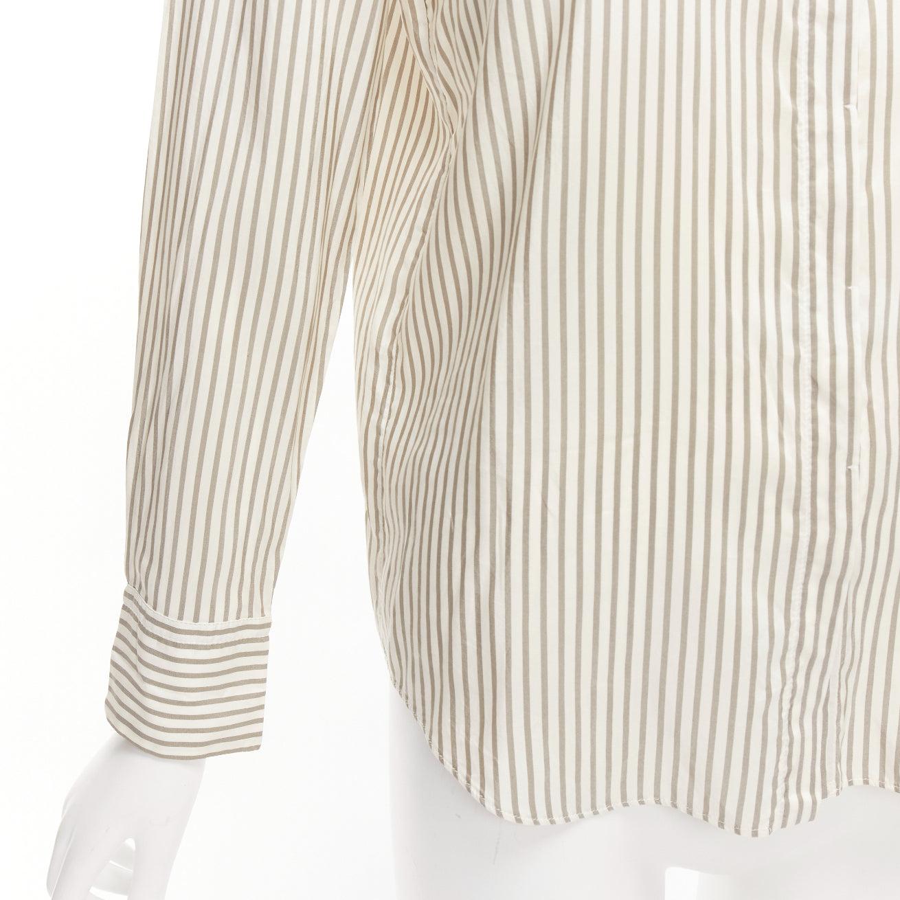 BRUNELLO CUCINELLI cream grey stripe black V beaded pocket dress shirt XS For Sale 3