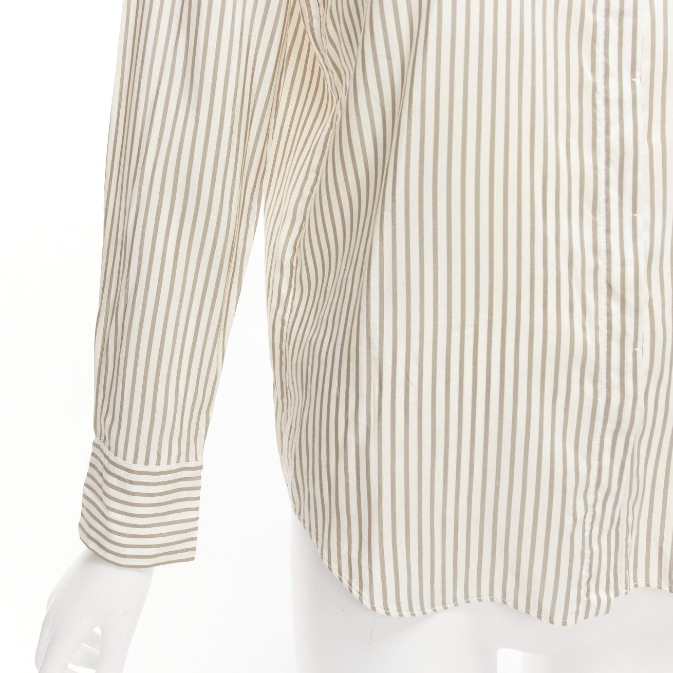 BRUNELLO CUCINELLI cream grey stripe black V beaded pocket dress shirt XS For Sale 2